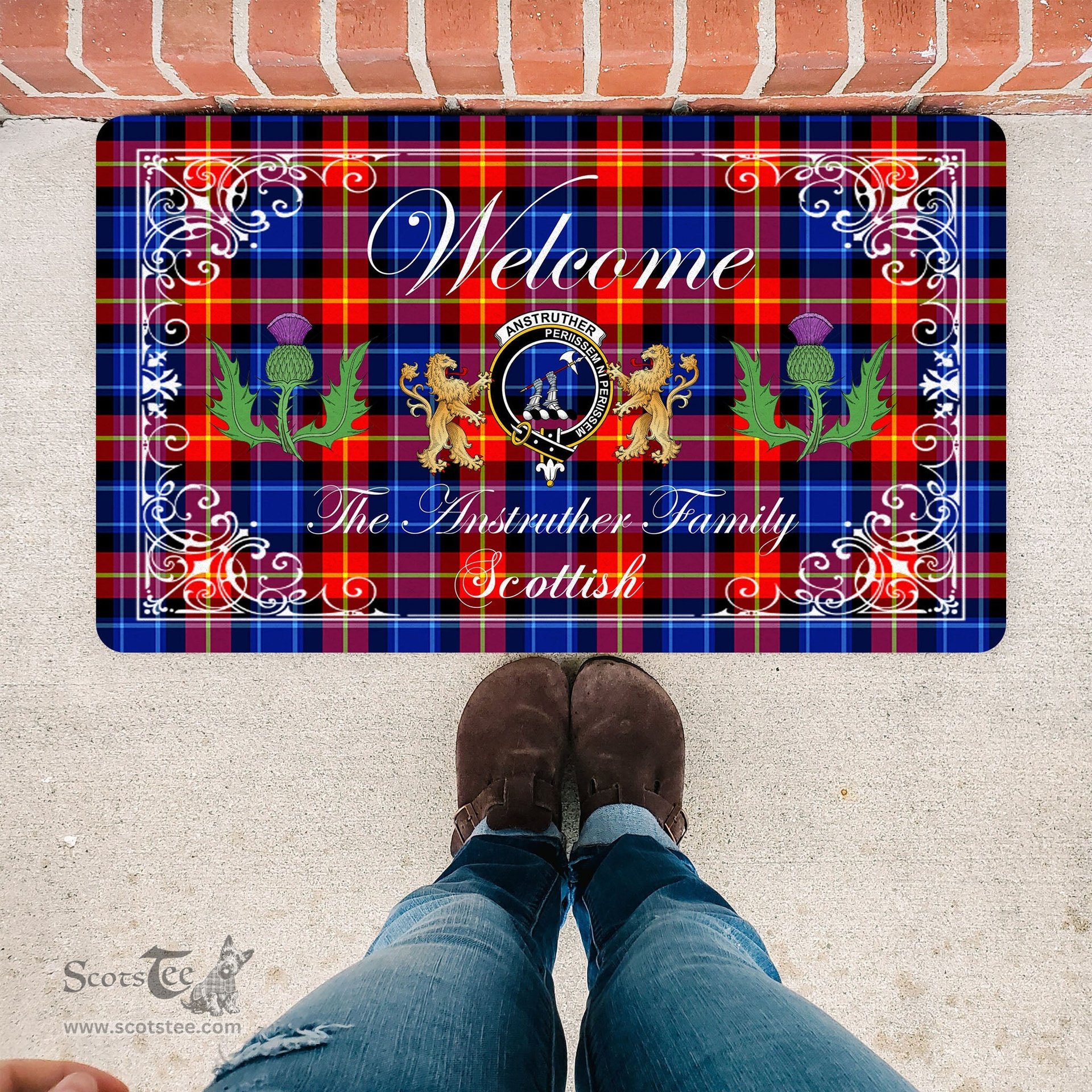 Personalized Doormat, Custom Door Mats, Welcome Mat Scottish Clan Anstruther Tartan Door Mat, Plaid Doormat With Thistle and Two Lion Scottish, Custom Welcome Mats, Personalized Door Mat