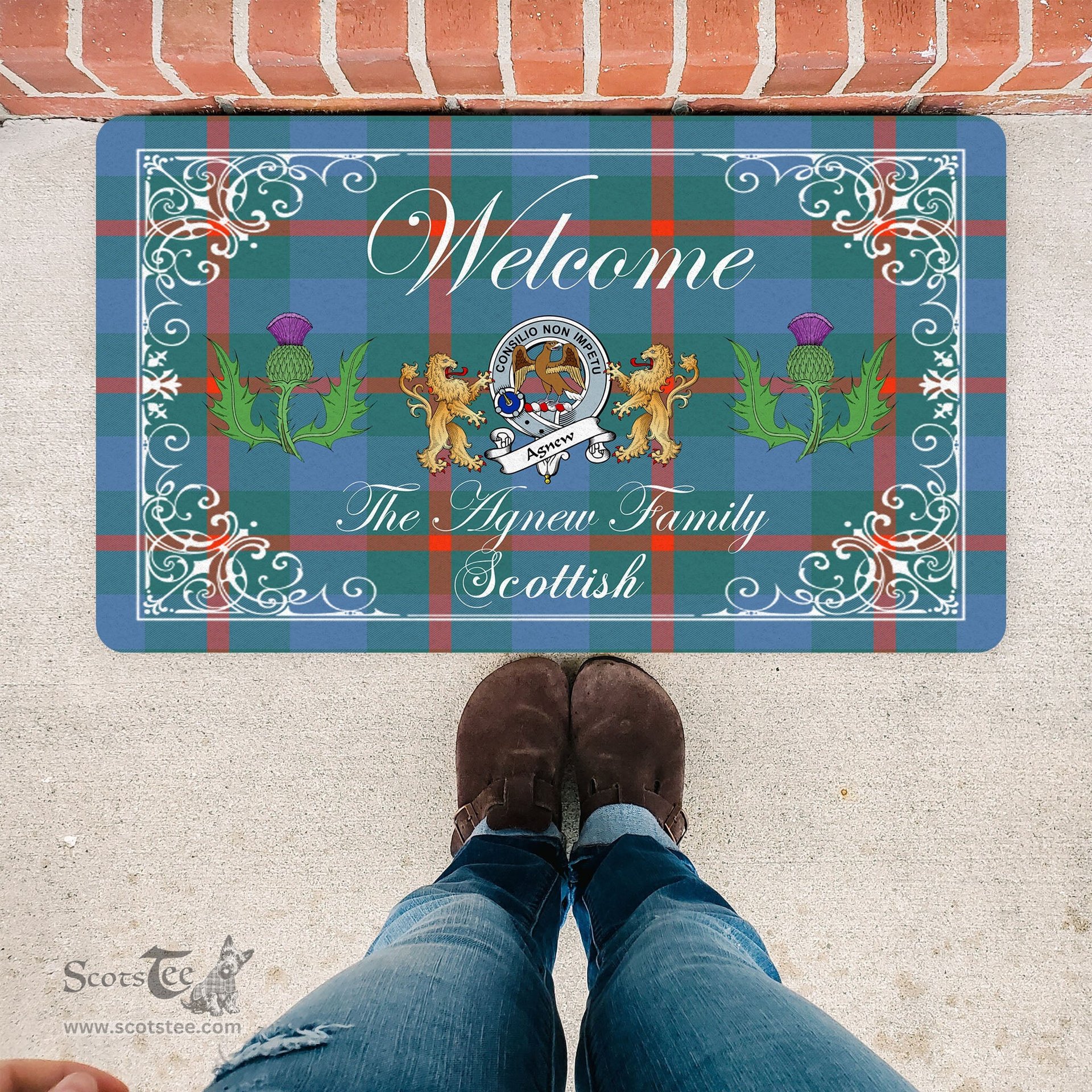 Personalized Doormat, Custom Door Mats, Welcome Mat Scottish Clan Badge Agnew Ancient Tartan Door Mat, Plaid Doormat With Thistle and Two Lion Scottish, Custom Welcome Mats, Personalized Door Mat