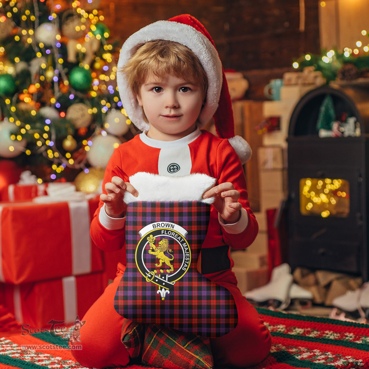 Scottish Brown Modern Clan Tartan Crest Christmas Stocking - Tartan Plaid Christmas Decor Scottish Plaid Tartan Plaid - ScotsTee - scotstee.com