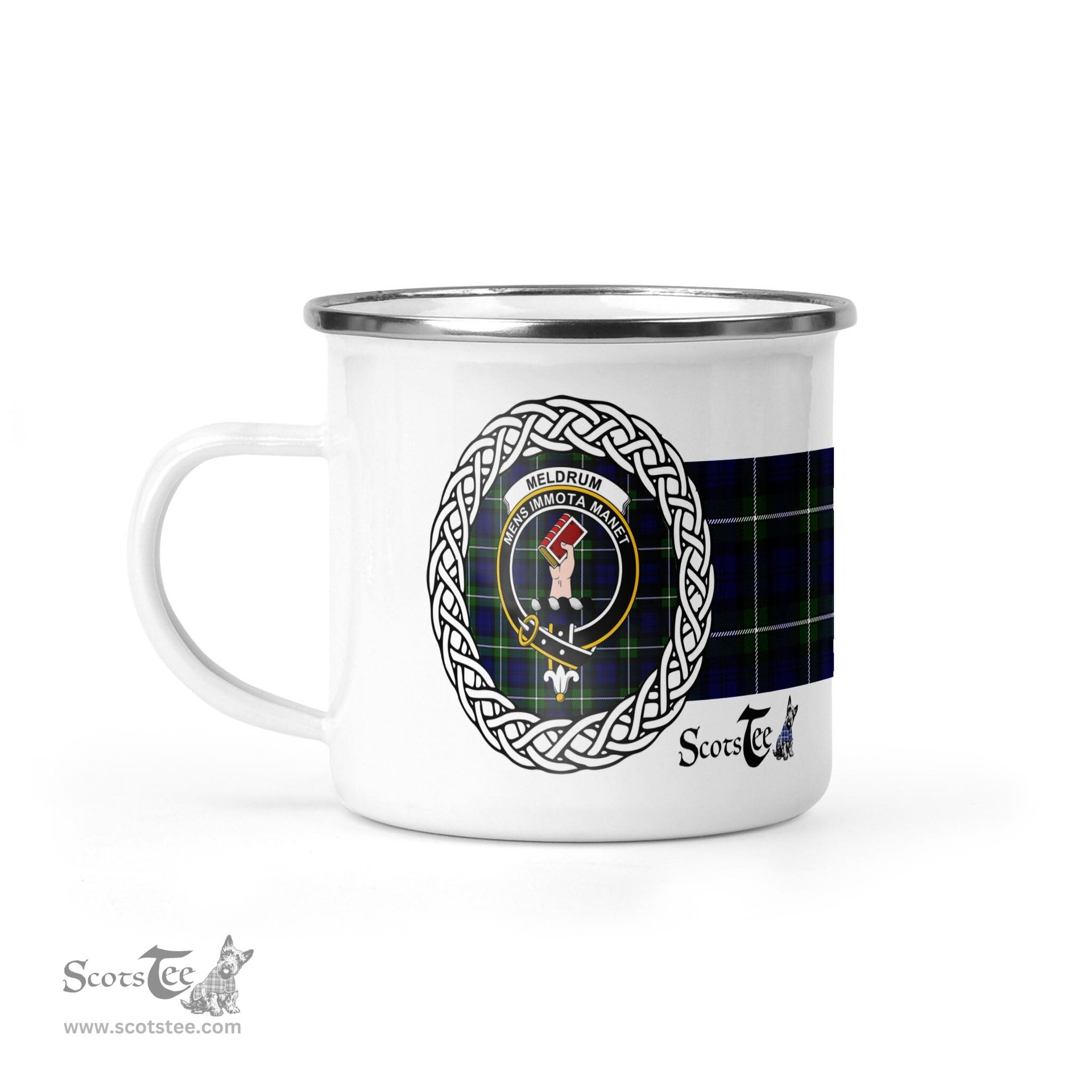 Scotstee Shop Tartan Plaid Camping Mug, Tartan Campfire Mugs, camping coffee mug Meldrum Scottish Clan Tartan Crest Badge Coffee Mug Custom Scottish Mug