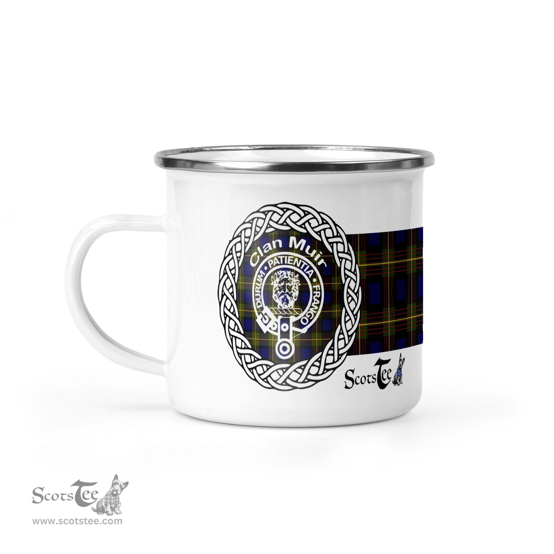 Scotstee Shop Tartan Plaid Camping Mug, Tartan Campfire Mugs, camping coffee mug Muir Clan Tartan Crest Badge Coffee Mug Custom Scottish Mug