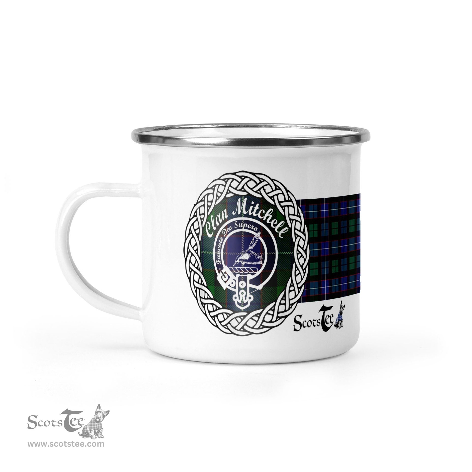 Scotstee Shop Tartan Plaid Camping Mug, Tartan Campfire Mugs, camping coffee mug Mitchell Scottish Clan Tartan Crest Badge Coffee Mug Custom Scottish Mug