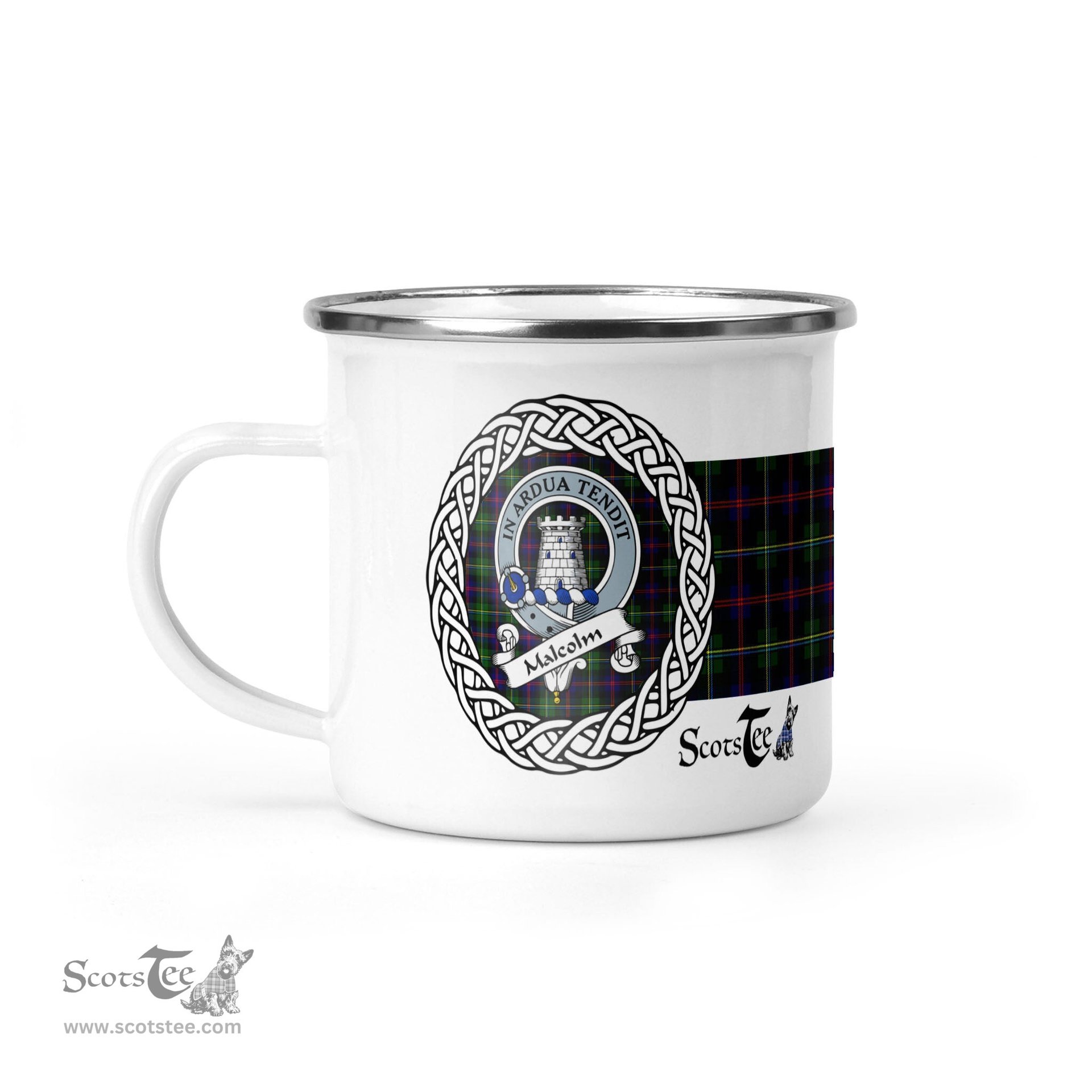 Scotstee Shop Tartan Plaid Camping Mug, Tartan Campfire Mugs, camping coffee mug Malcolm Scottish Clan Tartan Crest Badge Coffee Mug Custom Scottish Mug