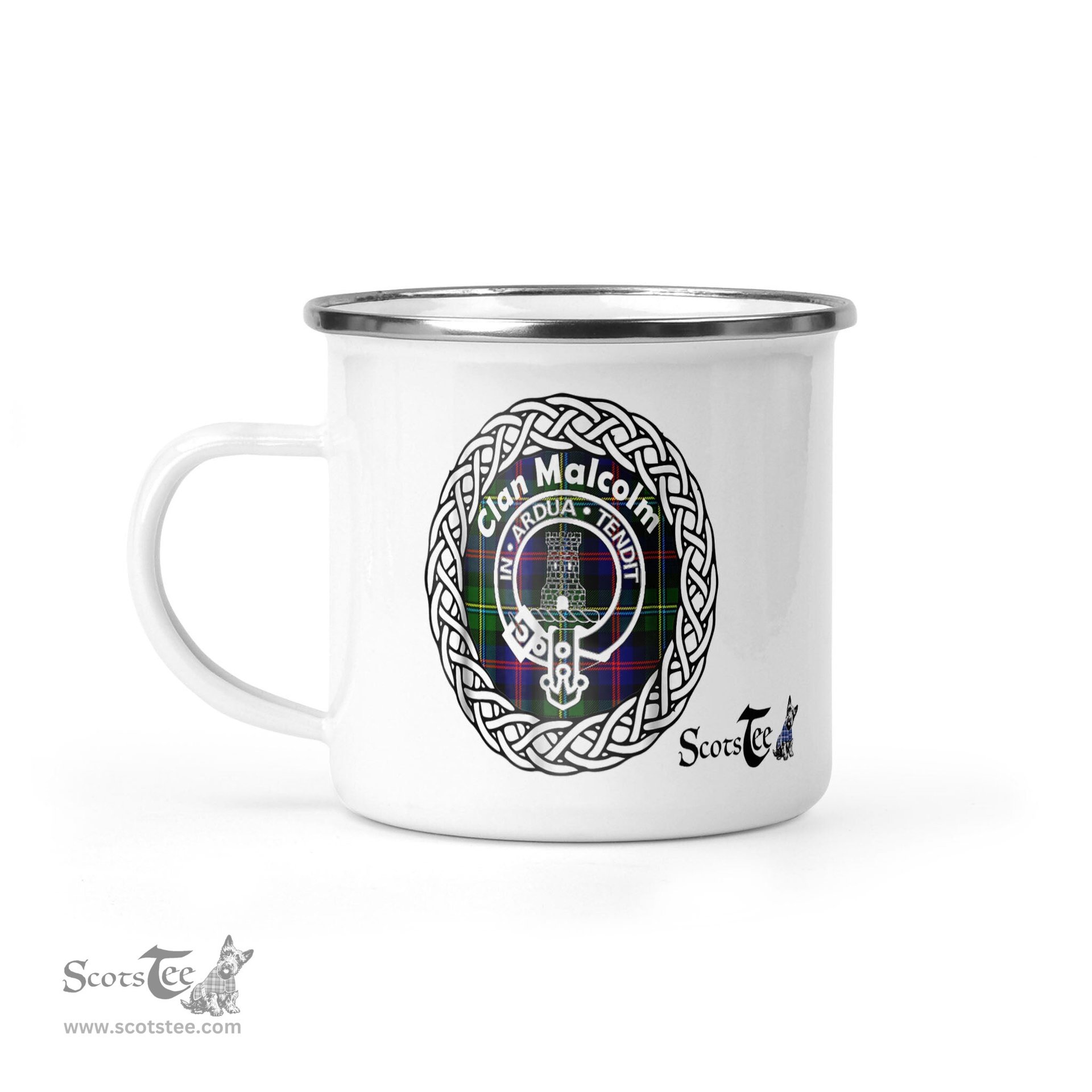 Scotstee Shop Tartan Plaid Camping Mug, Tartan Campfire Mugs, camping coffee mug Malcolm Scottish Clan Tartan Crest Badge Old