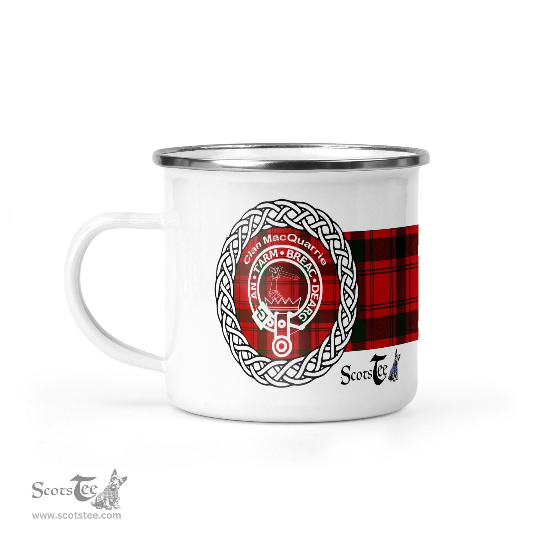 Scotstee Shop Tartan Plaid Camping Mug, Tartan Campfire Mugs, camping coffee mug MacQuarrie Clan Tartan Crest Badge Coffee Mug Custom Scottish Mug