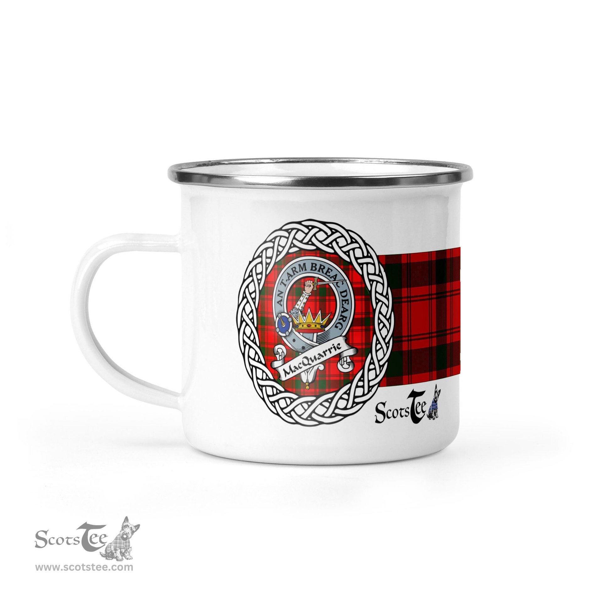 Scotstee Shop Tartan Plaid Camping Mug, Tartan Campfire Mugs, camping coffee mug MacQuarrie Scottish Clan Tartan Crest Badge Coffee Mug Custom Scottish Mug