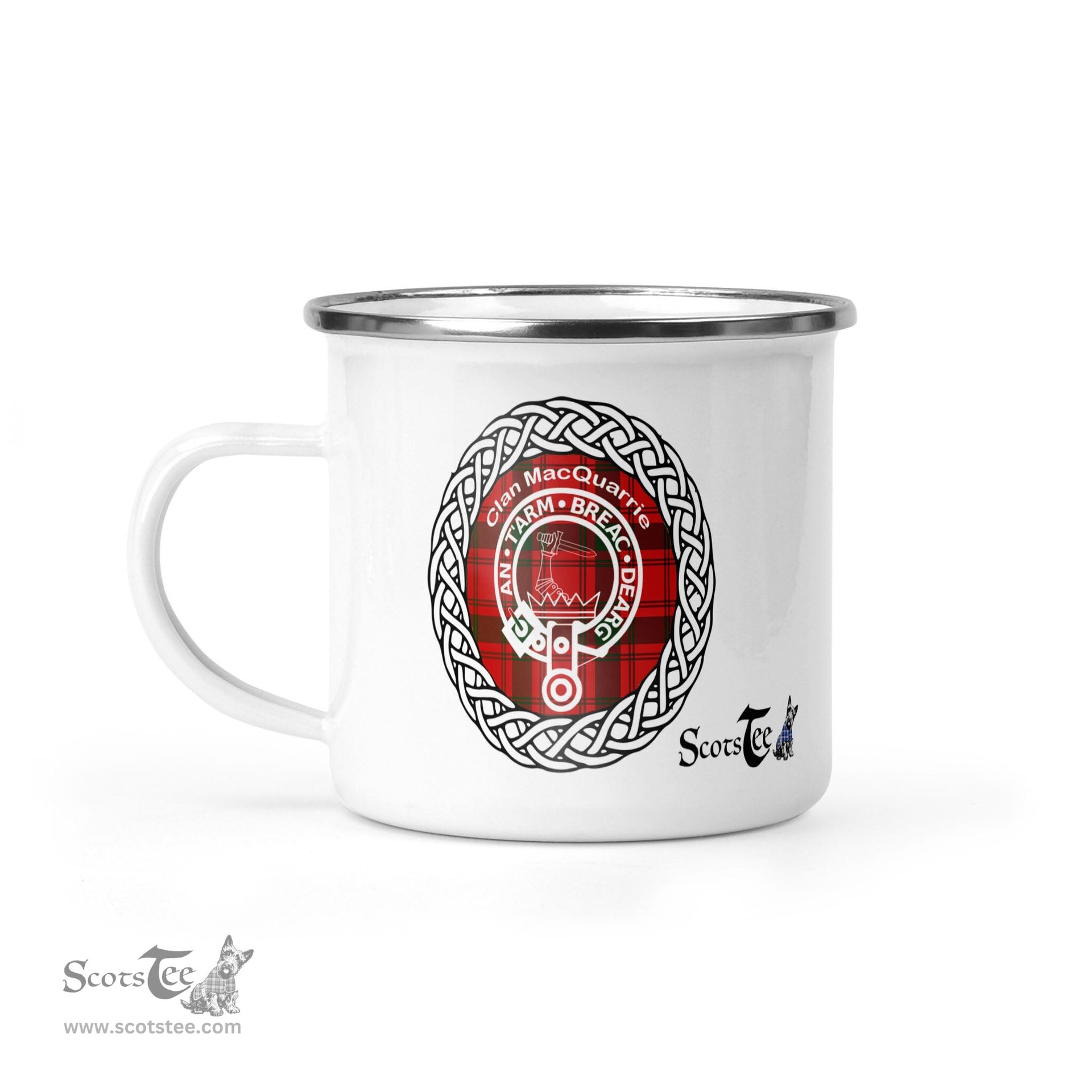 Scotstee Shop Tartan Plaid Camping Mug, Tartan Campfire Mugs, camping coffee mug MacQuarrie Clan Tartan Crest Badge
