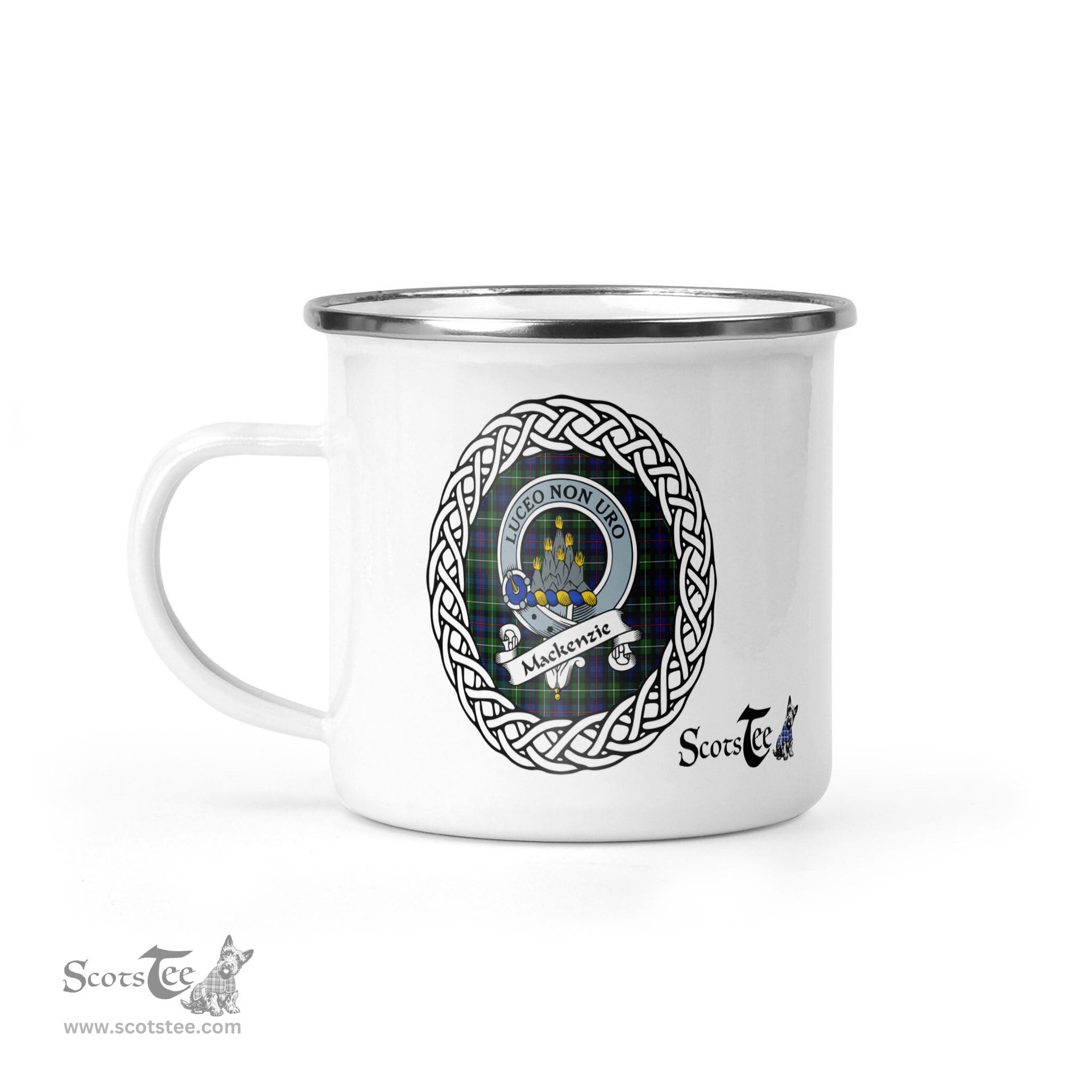 Scotstee Shop Tartan Plaid Camping Mug, Tartan Campfire Mugs, camping coffee mug MacKenzie Scottish Clan Tartan Crest Badge