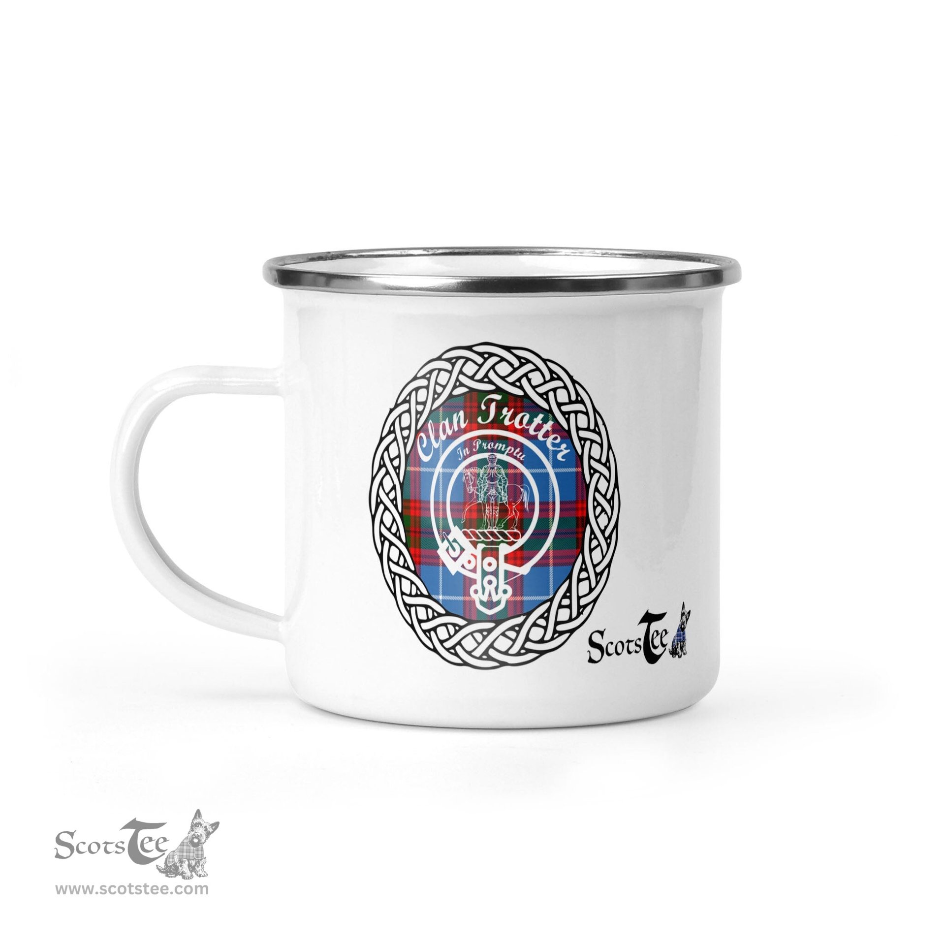 Scotstee Shop Tartan Plaid Camping Mug, Tartan Campfire Mugs, camping coffee mug Trotter Clan Tartan Crest Badge