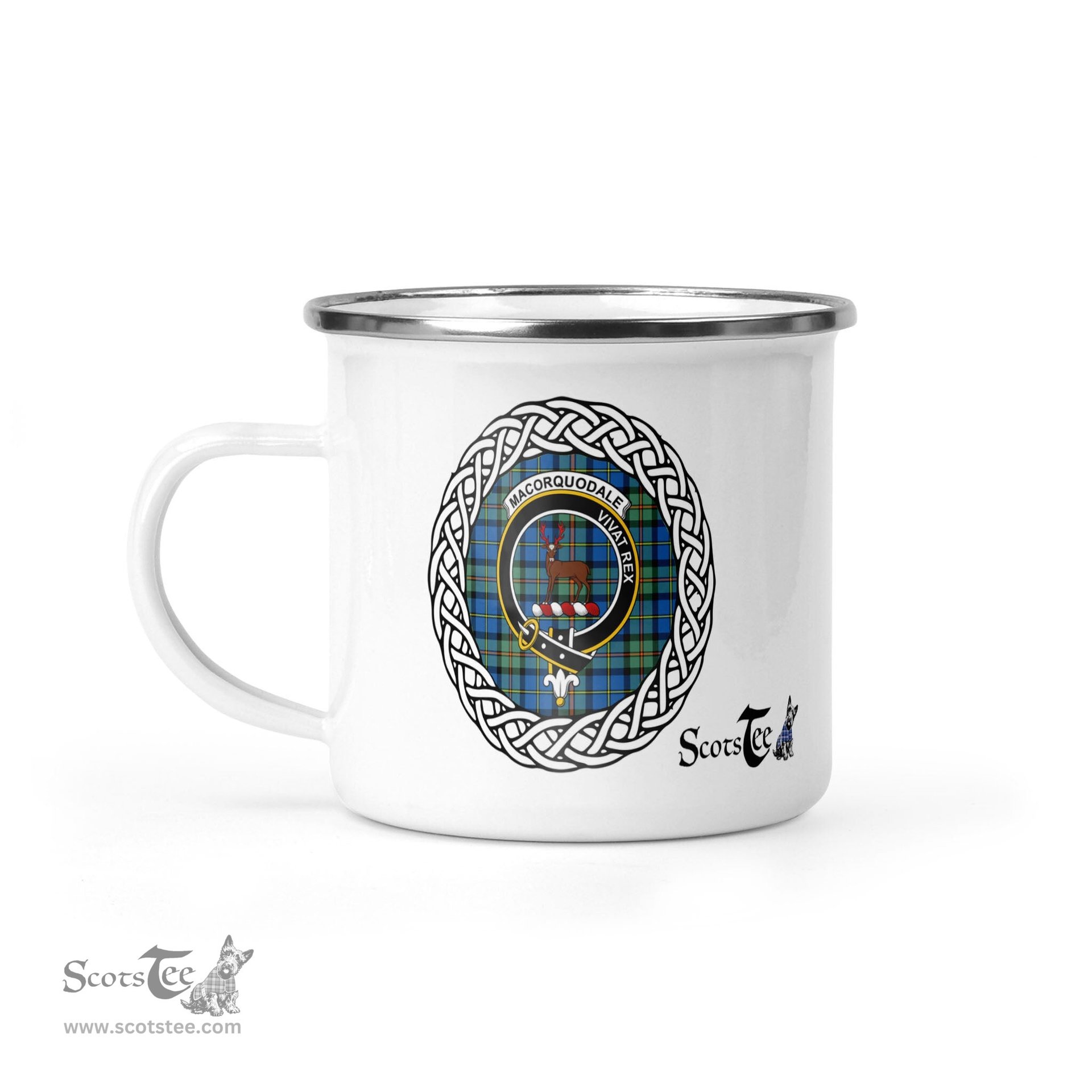 Scotstee Shop Tartan Plaid Camping Mug, Tartan Campfire Mugs, camping coffee mug MacCorquodale Scottish Clan Tartan Crest Badge