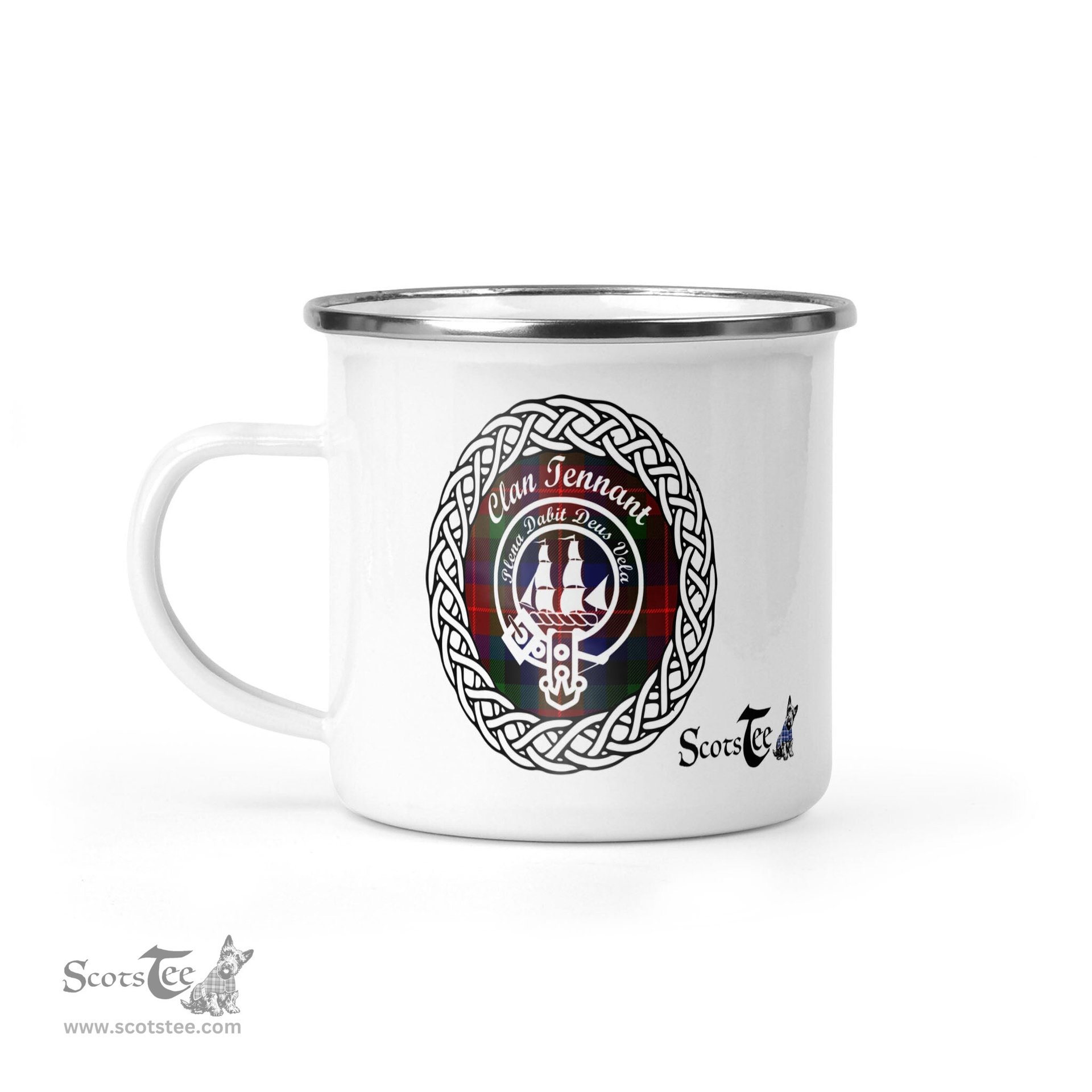 Scotstee Shop Tartan Plaid Camping Mug, Tartan Campfire Mugs, camping coffee mug Tennant Clan Tartan Crest Badge