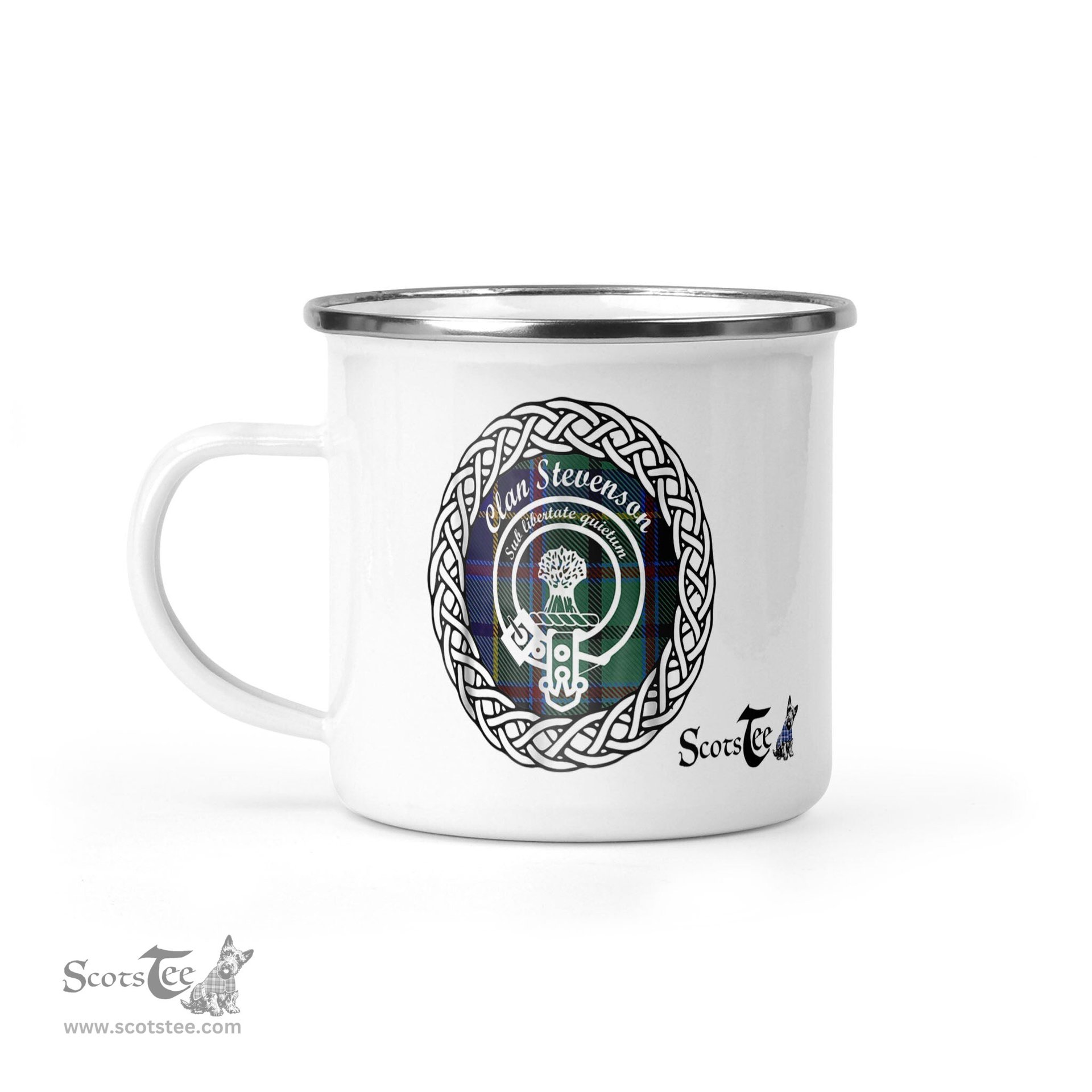 Scotstee Shop Tartan Plaid Camping Mug, Tartan Campfire Mugs, camping coffee mug Stevenson Scottish Clan Tartan Crest Badge