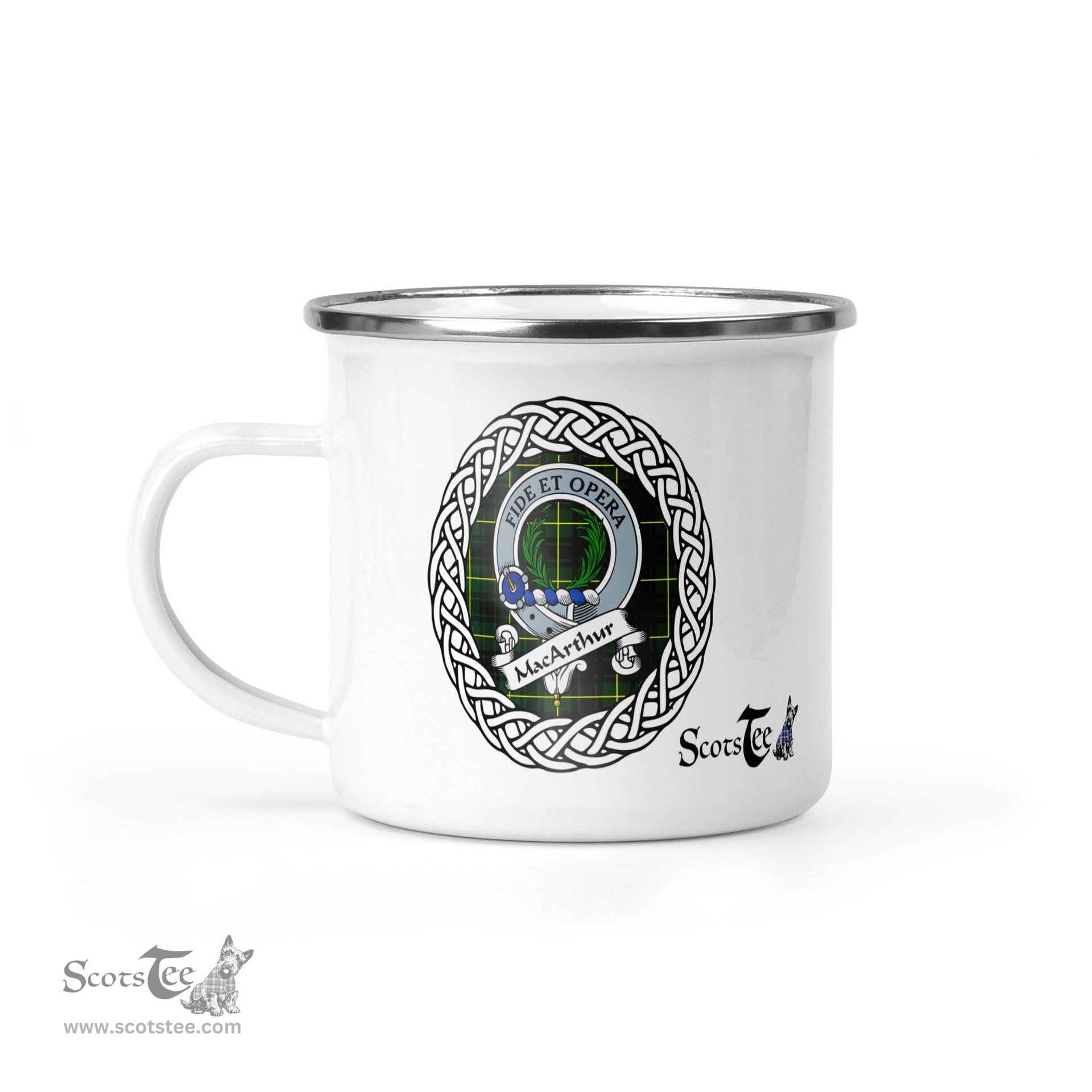 Scotstee Shop Tartan Plaid Camping Mug, Tartan Campfire Mugs, camping coffee mug MacArthur Scottish Clan Tartan Crest Badge