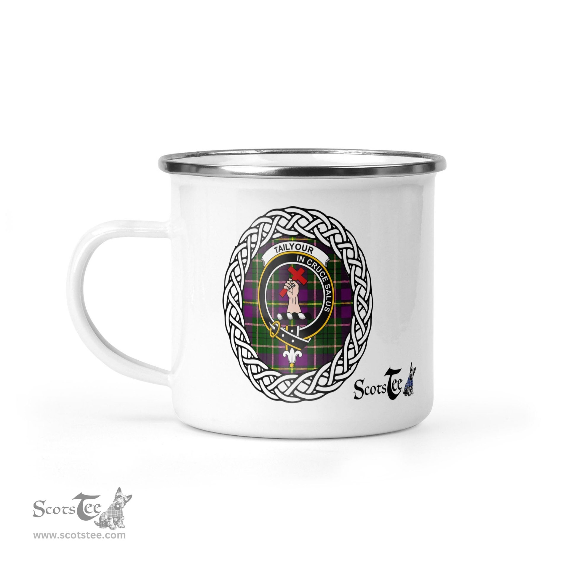 Scotstee Shop Tartan Plaid Camping Mug, Tartan Campfire Mugs, camping coffee mug Tailyour Taylor Scottish Clan Tartan Crest Badge