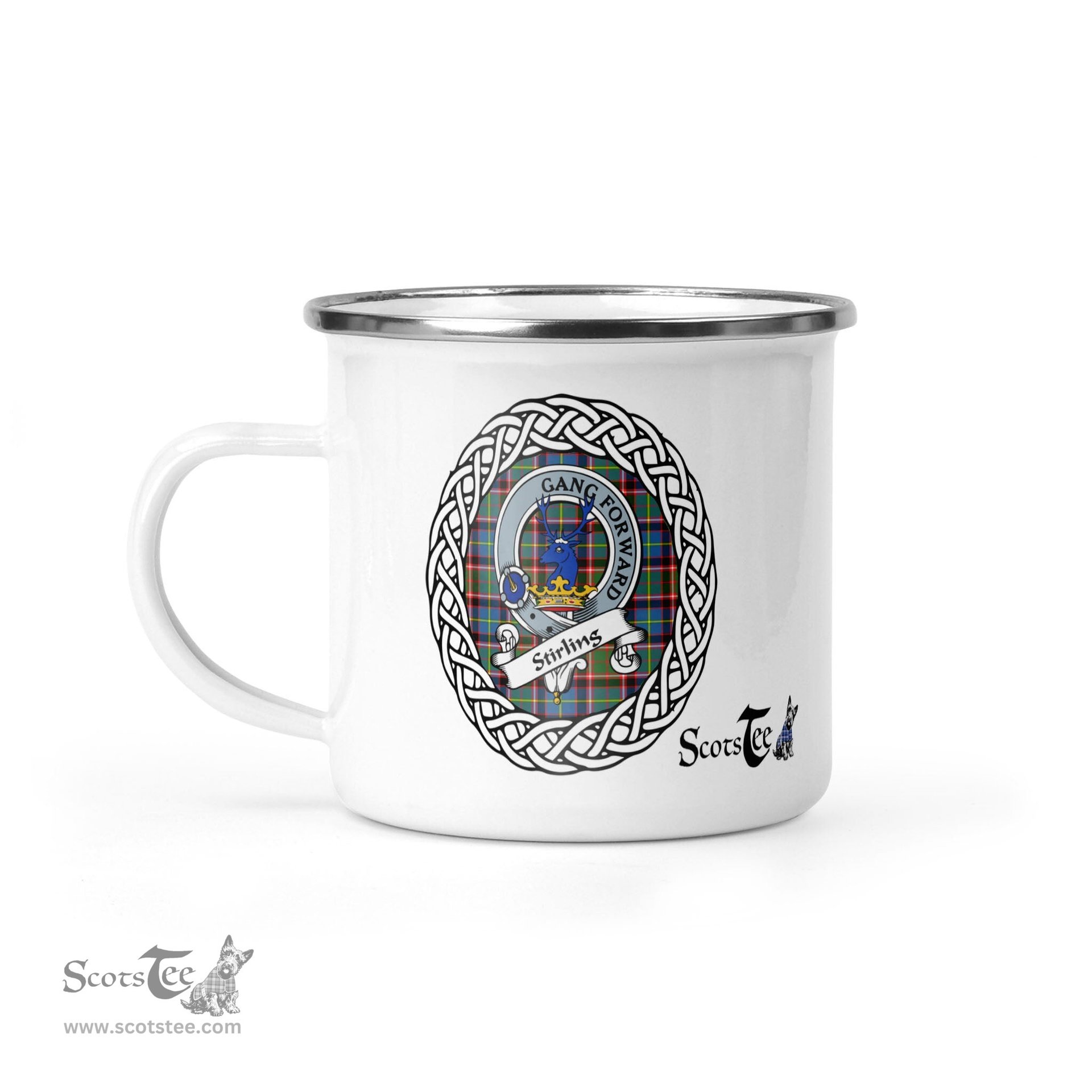Scotstee Shop Tartan Plaid Camping Mug, Tartan Campfire Mugs, camping coffee mug Stirling Scottish Clan Tartan Crest Badge