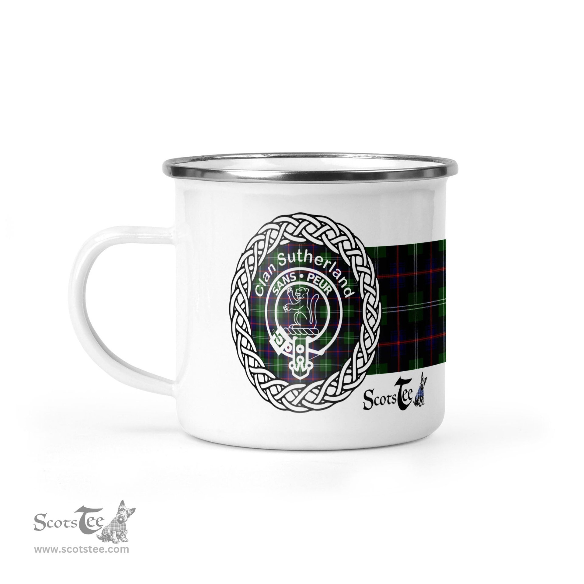 Scotstee Shop Tartan Plaid Camping Mug, Tartan Campfire Mugs, camping coffee mug Sutherland Scottish Clan Tartan Crest Badge Coffee Mug Custom Scottish Mug