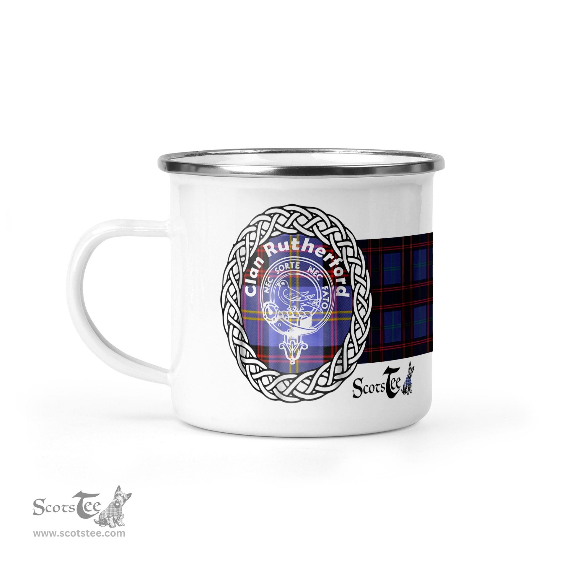 Scotstee Shop Tartan Plaid Camping Mug, Tartan Campfire Mugs, camping coffee mug Rutherford Clan Tartan Crest Badge Coffee Mug Custom Scottish Mug