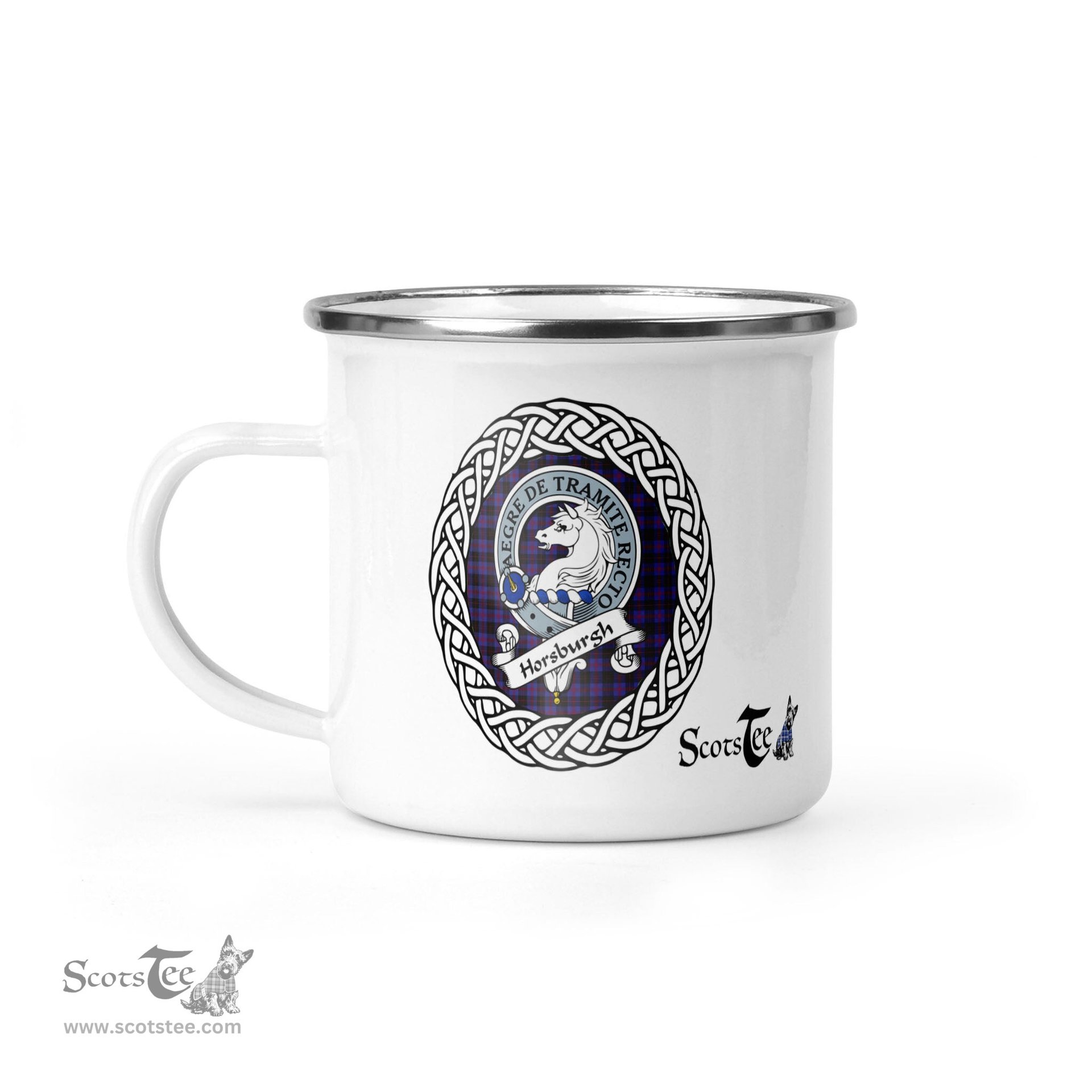 Scotstee Shop Tartan Plaid Camping Mug, Tartan Campfire Mugs, camping coffee mug Horsburgh Scottish Clan Tartan Crest Badge