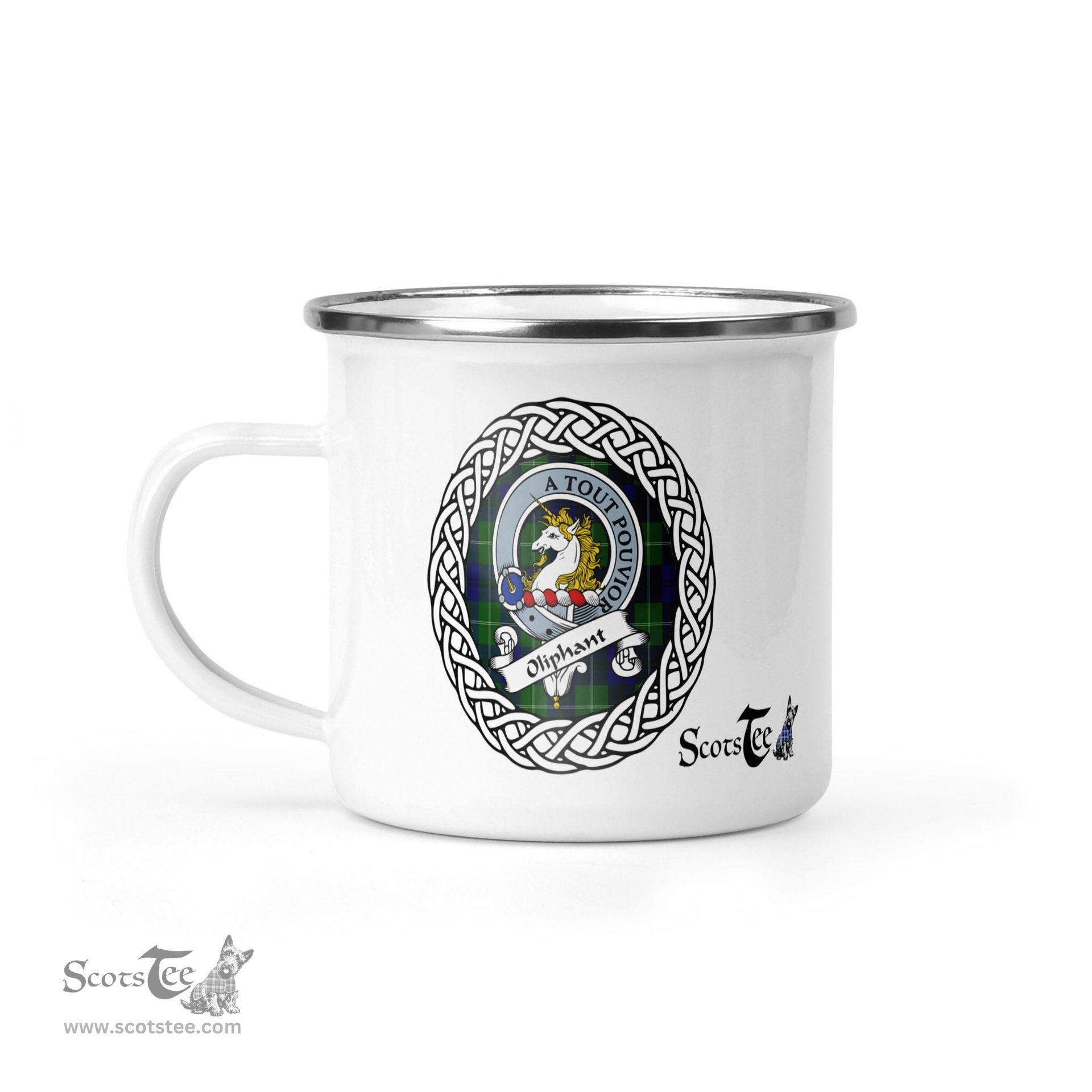 Scotstee Shop Tartan Plaid Camping Mug, Tartan Campfire Mugs, camping coffee mug Oliphant Scottish Clan Tartan Crest Badge
