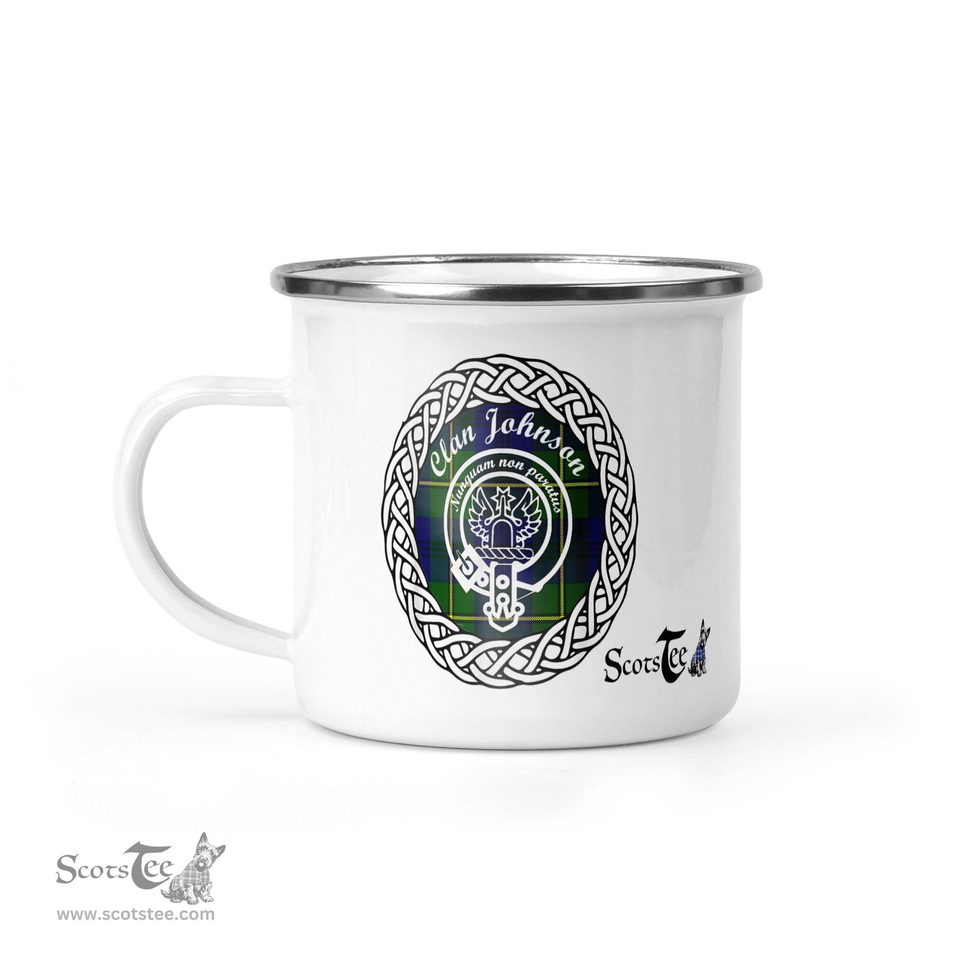 Scotstee Shop Tartan Plaid Camping Mug, Tartan Campfire Mugs, camping coffee mug Johnson Scottish Clan Tartan Crest Badge