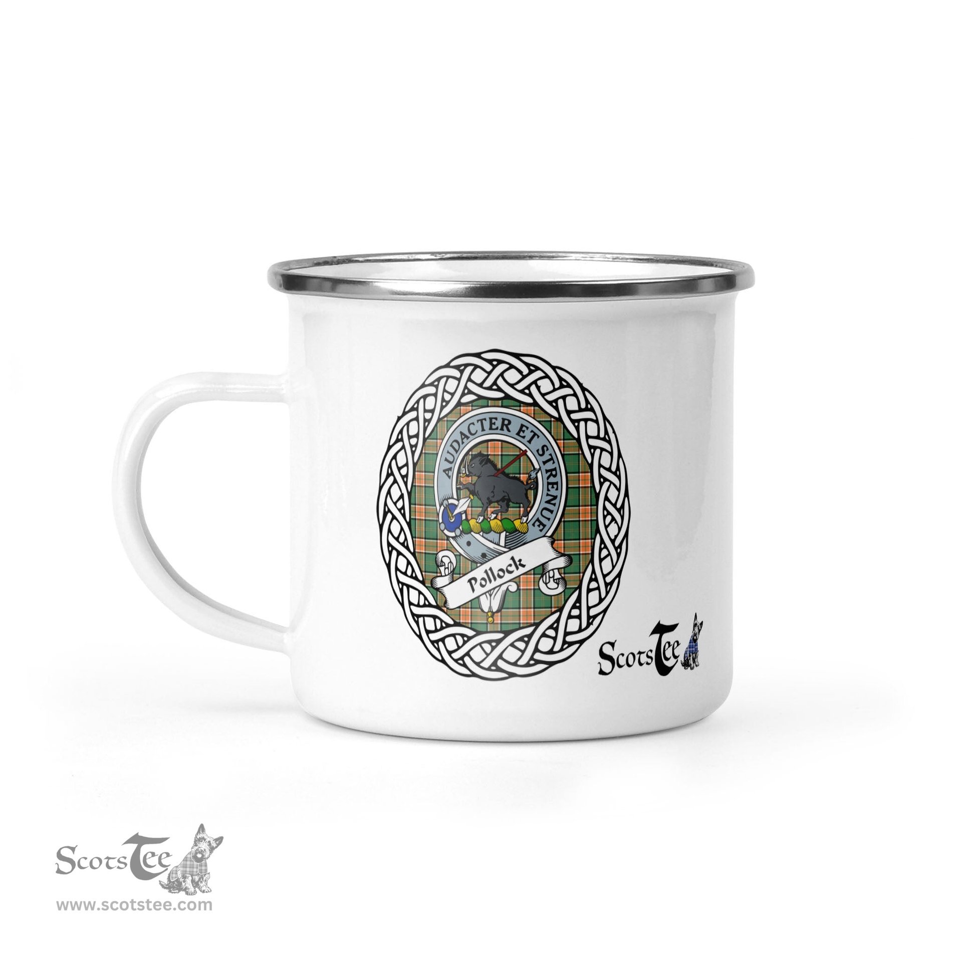 Scotstee Shop Tartan Plaid Camping Mug, Tartan Campfire Mugs, camping coffee mug Pollock Scottish Clan Tartan Crest Badge