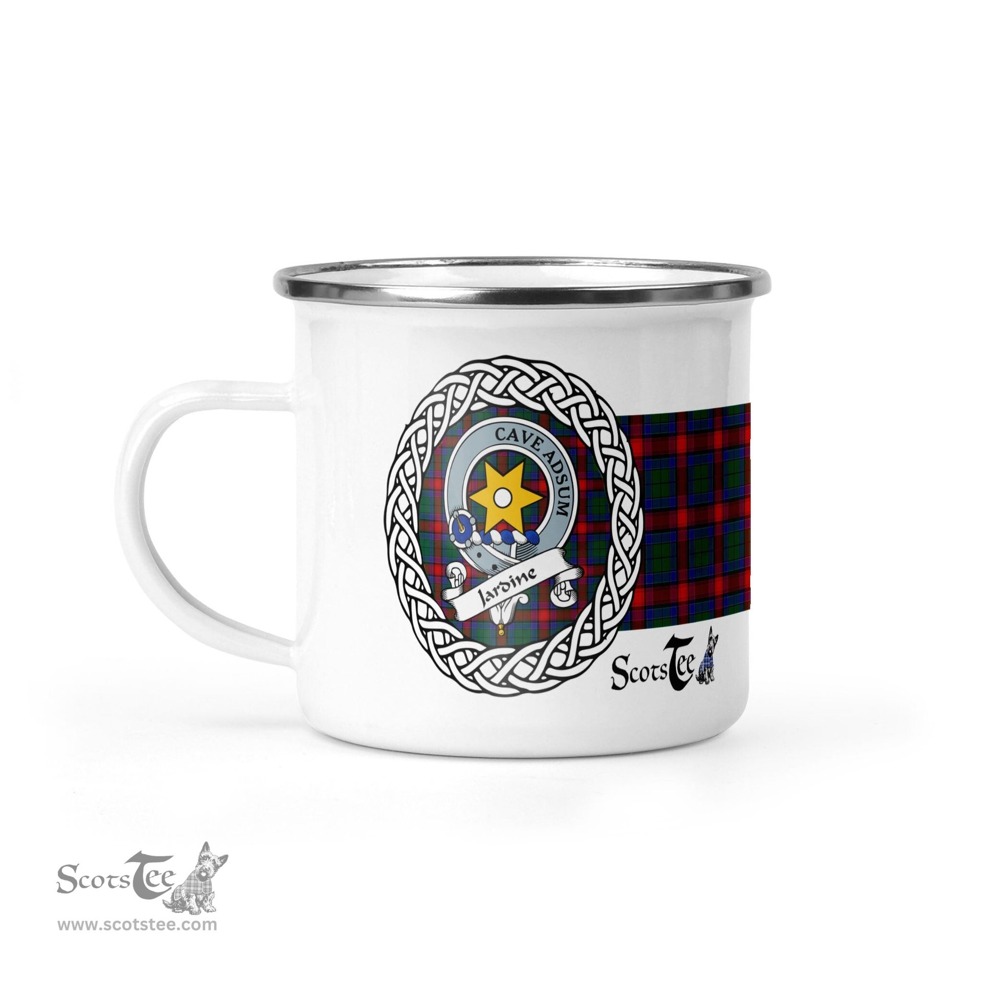 Scotstee Shop Tartan Plaid Camping Mug, Tartan Campfire Mugs, camping coffee mug Jardine Scottish Clan Tartan Crest Badge Coffee Mug Custom Scottish Mug