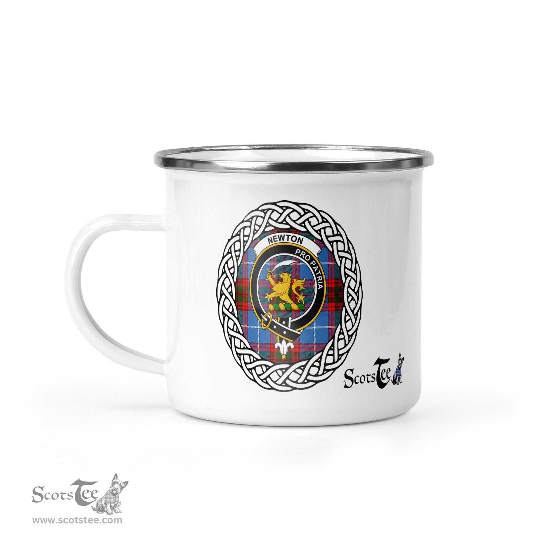 Scotstee Shop Tartan Plaid Camping Mug, Tartan Campfire Mugs, camping coffee mug Newton Scottish Clan Tartan Crest Badge