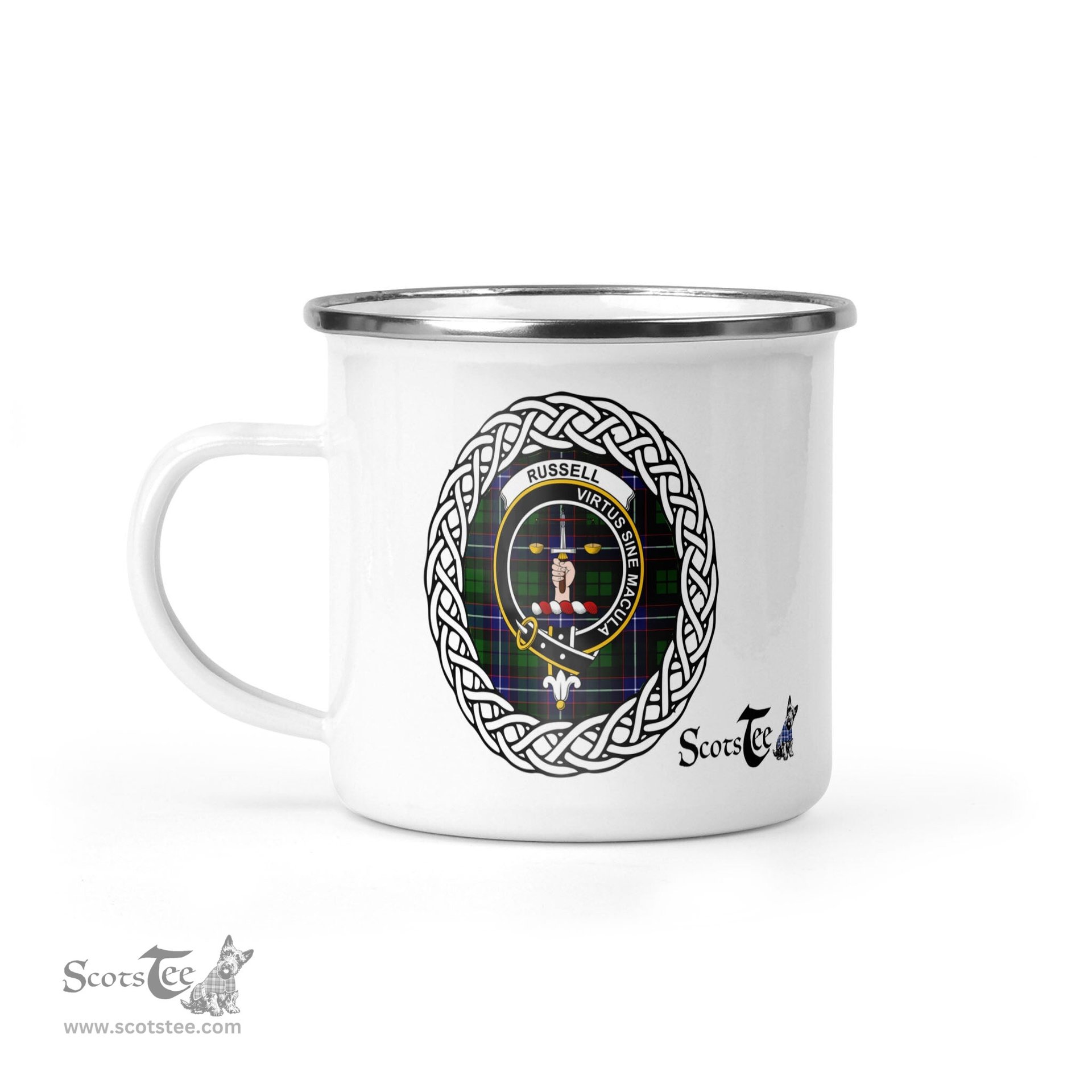 Scotstee Shop Tartan Plaid Camping Mug, Tartan Campfire Mugs, camping coffee mug Russell Scottish Clan Tartan Crest Badge