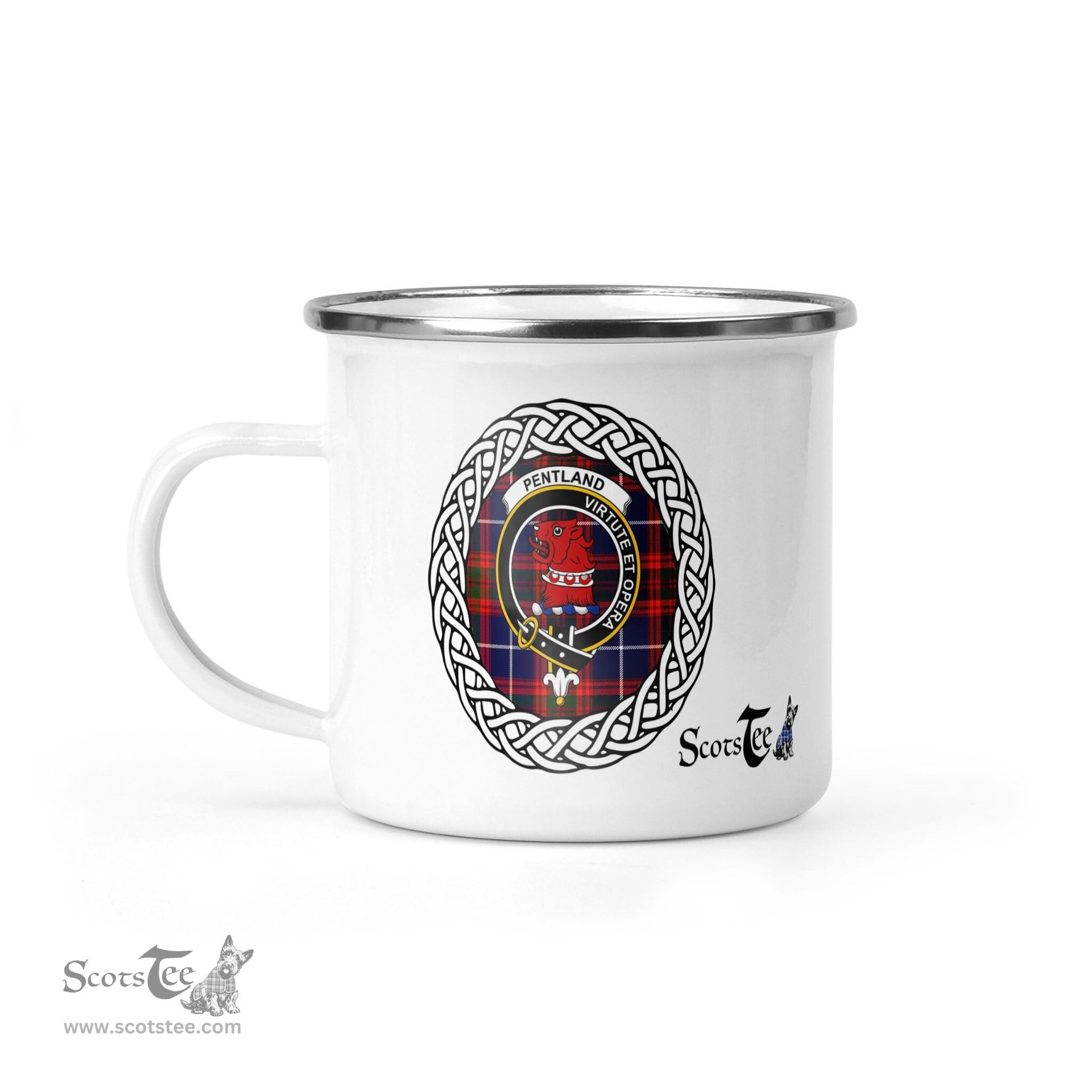 Scotstee Shop Tartan Plaid Camping Mug, Tartan Campfire Mugs, camping coffee mug Pentland Scottish Clan Tartan Crest Badge