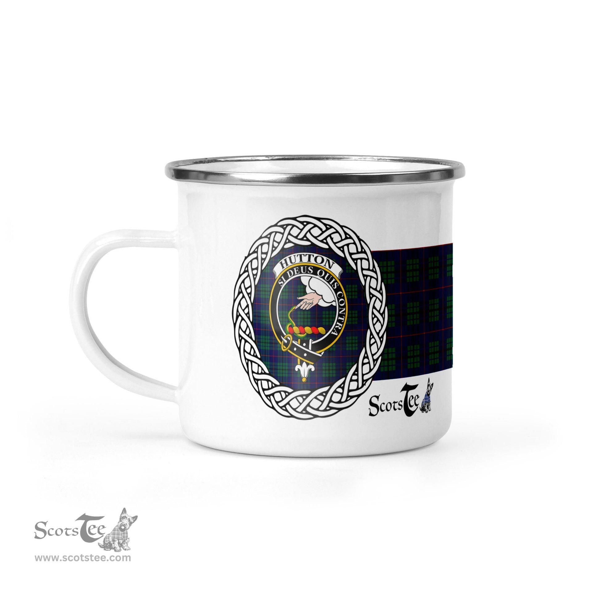 Scotstee Shop Tartan Plaid Camping Mug, Tartan Campfire Mugs, camping coffee mug Hutton Scottish Clan Tartan Crest Badge Coffee Mug Custom Scottish Mug