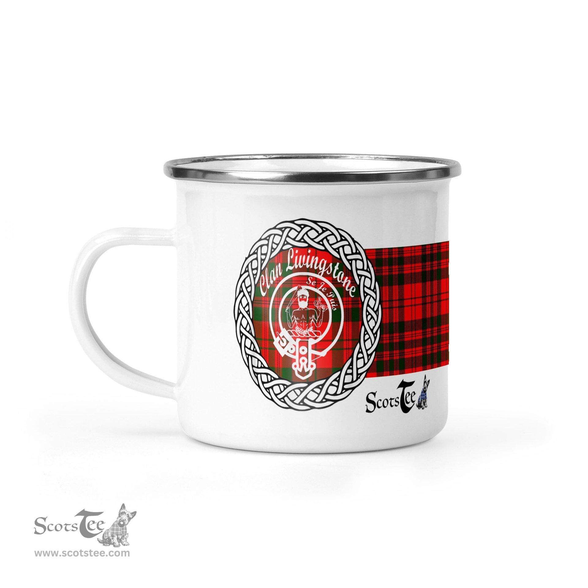 Scotstee Shop Tartan Plaid Camping Mug, Tartan Campfire Mugs, camping coffee mug Livingstone Clan Tartan Crest Badge Coffee Mug Custom Scottish Mug