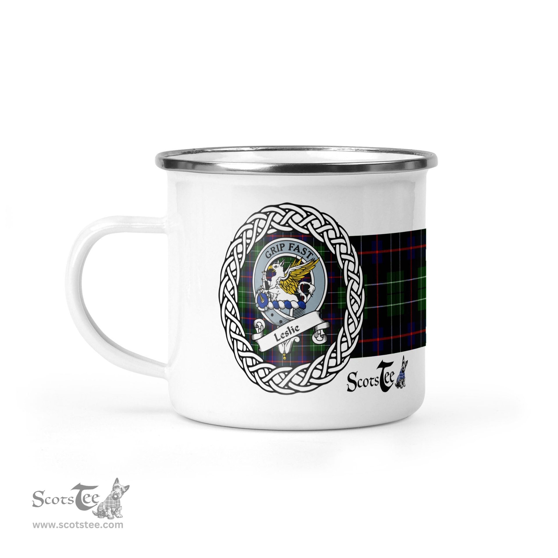 Scotstee Shop Tartan Plaid Camping Mug, Tartan Campfire Mugs, camping coffee mug Leslie Scottish Clan Tartan Crest Badge Coffee Mug Custom Scottish Mug