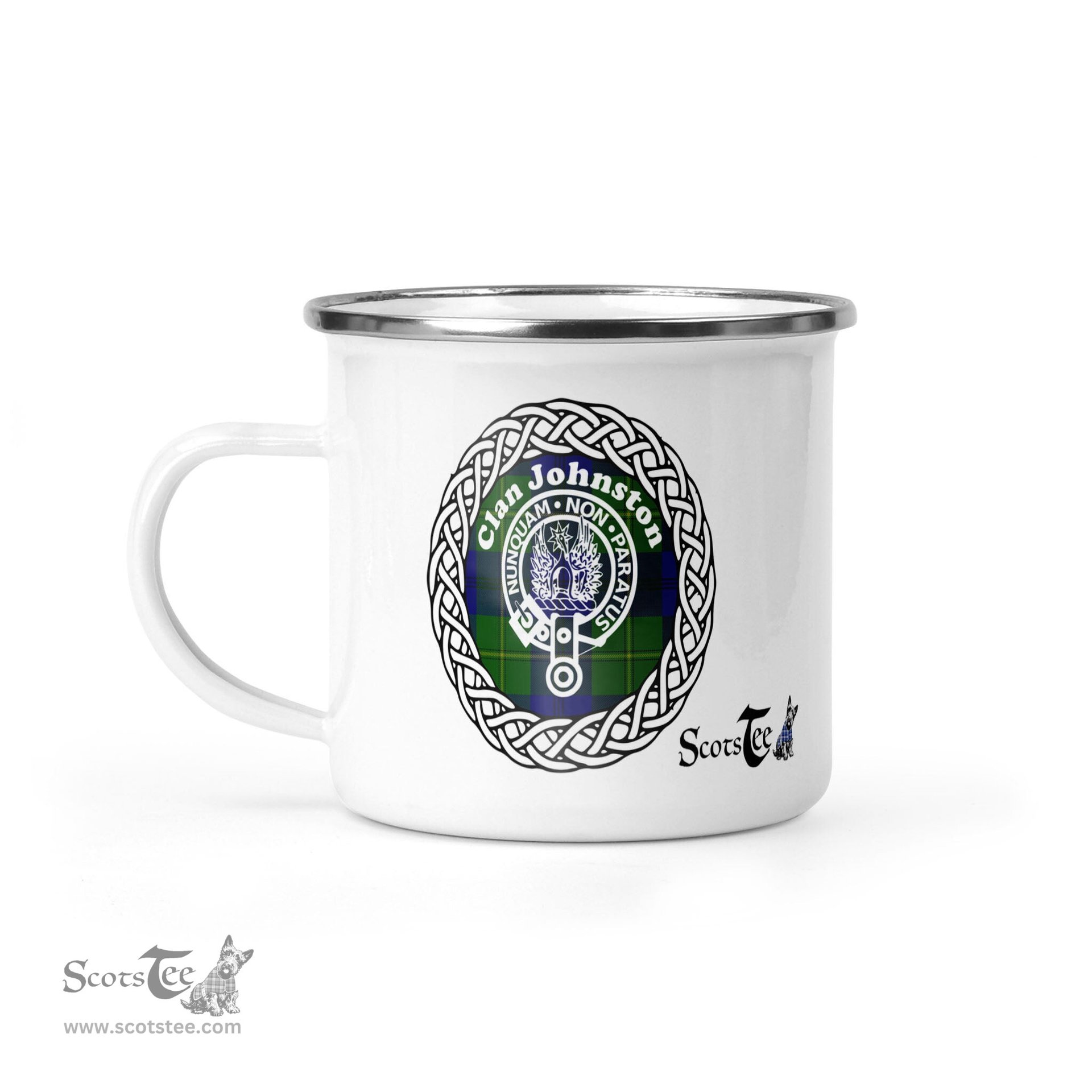 Scotstee Shop Tartan Plaid Camping Mug, Tartan Campfire Mugs, camping coffee mug Johnston Scottish Clan Tartan Crest Badge