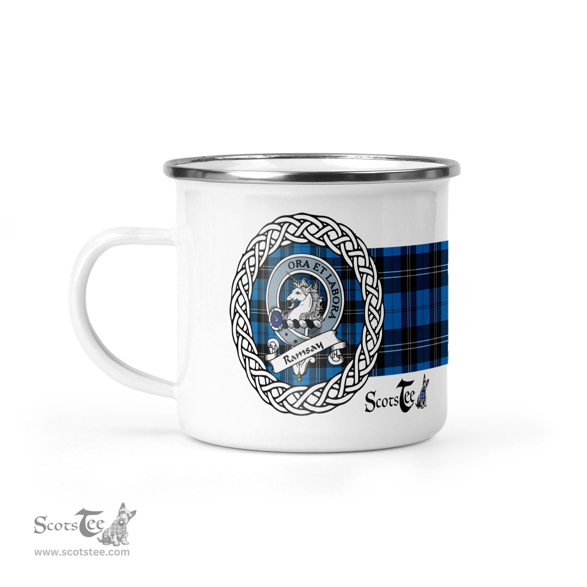 Scotstee Shop Tartan Plaid Camping Mug, Tartan Campfire Mugs, camping coffee mug Ramsay Scottish Clan Tartan Crest Badge Coffee Mug Custom Scottish Mug