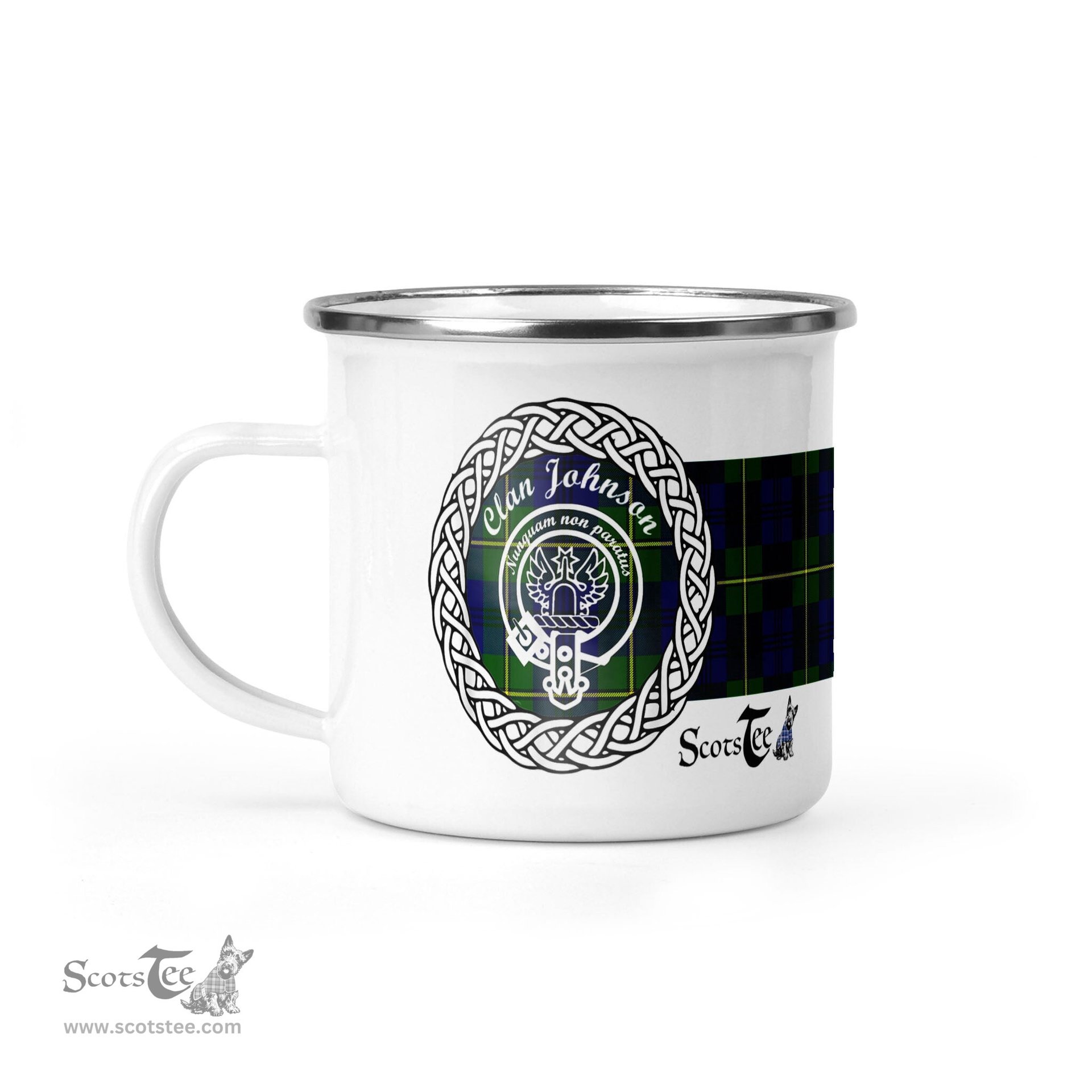Scotstee Shop Tartan Plaid Camping Mug, Tartan Campfire Mugs, camping coffee mug Johnson Scottish Clan Tartan Crest Badge Coffee Mug Custom Scottish Mug