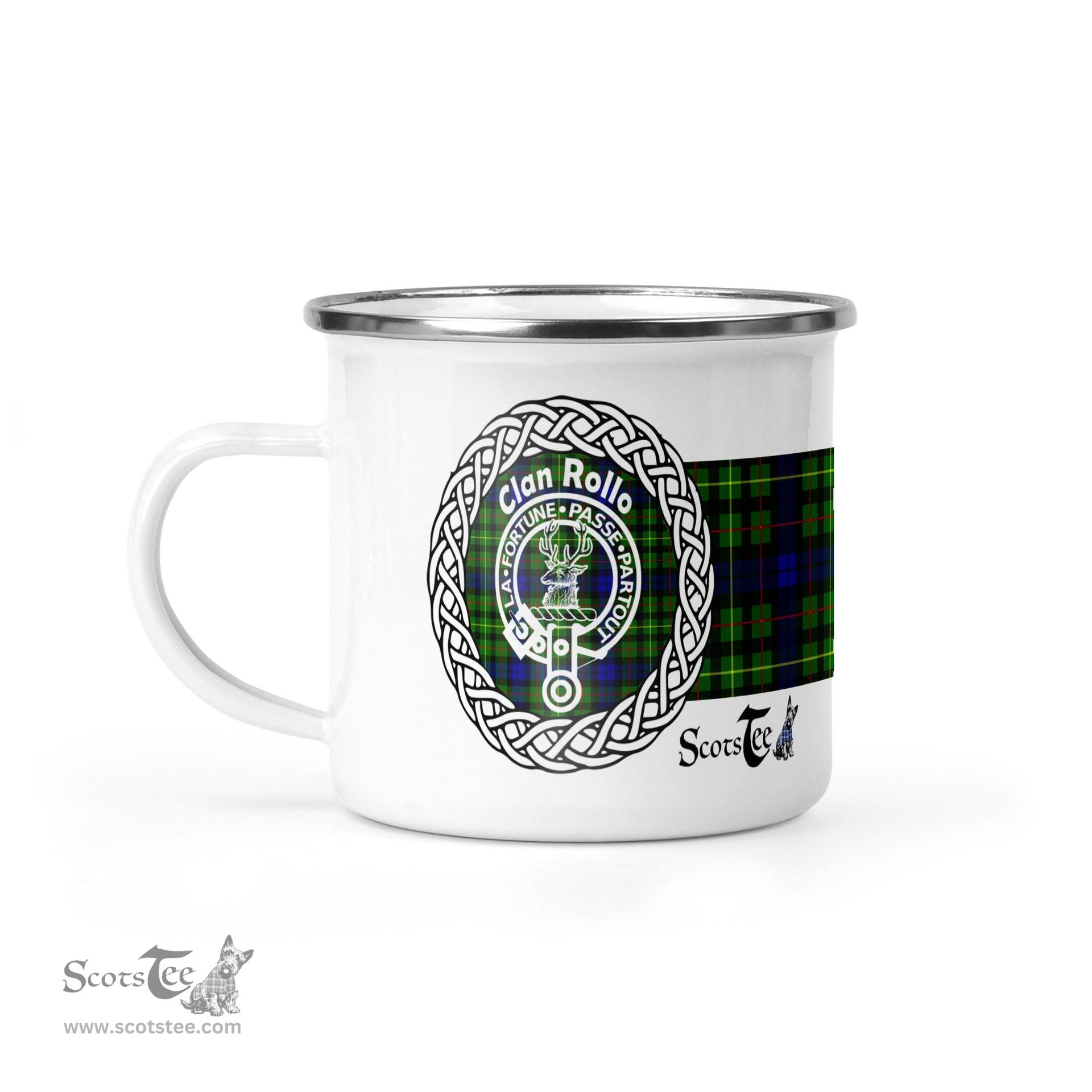 Scotstee Shop Tartan Plaid Camping Mug, Tartan Campfire Mugs, camping coffee mug Rollo Clan Tartan Crest Badge Coffee Mug Custom Scottish Mug