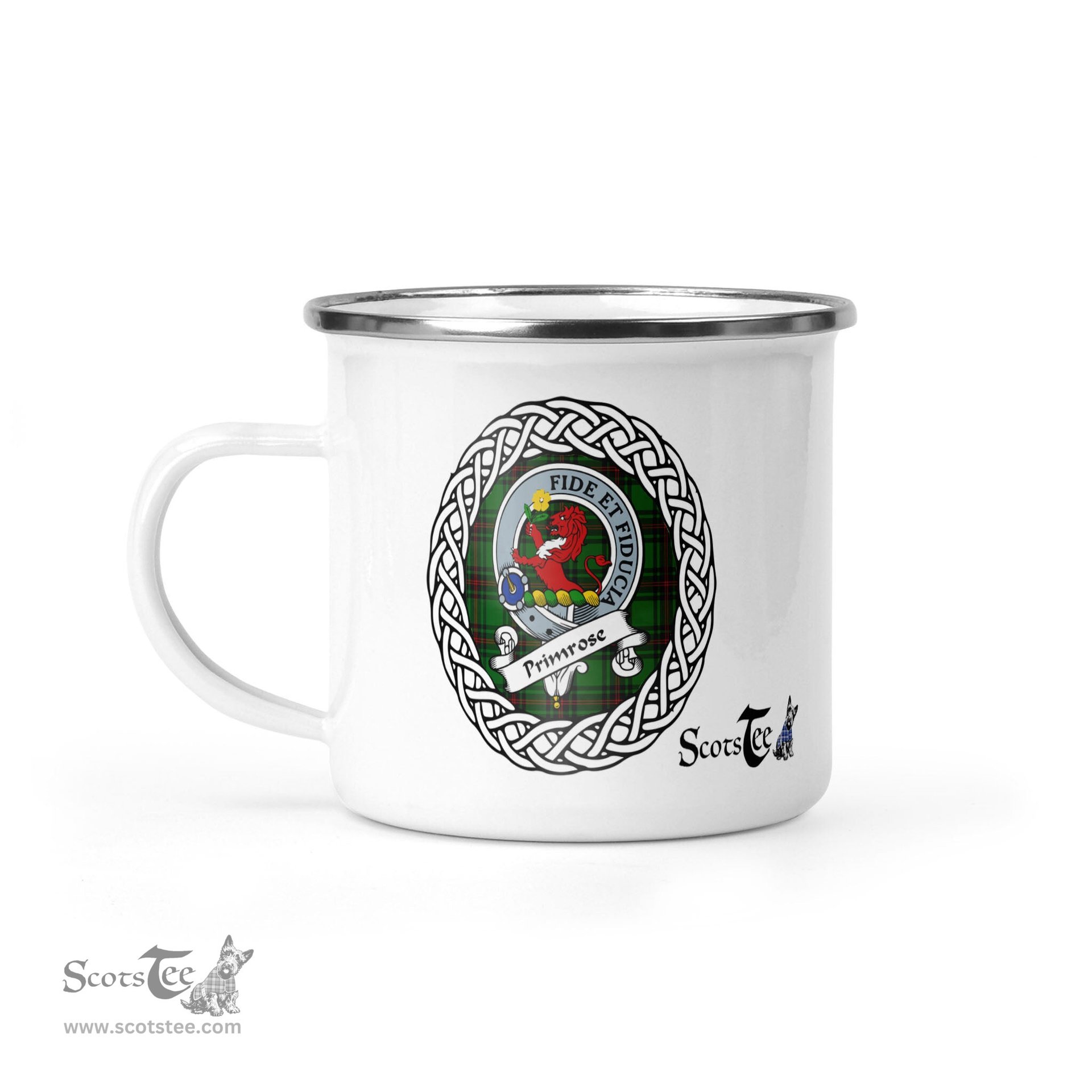 Scotstee Shop Tartan Plaid Camping Mug, Tartan Campfire Mugs, camping coffee mug Primrose Scottish Clan Tartan Crest Badge