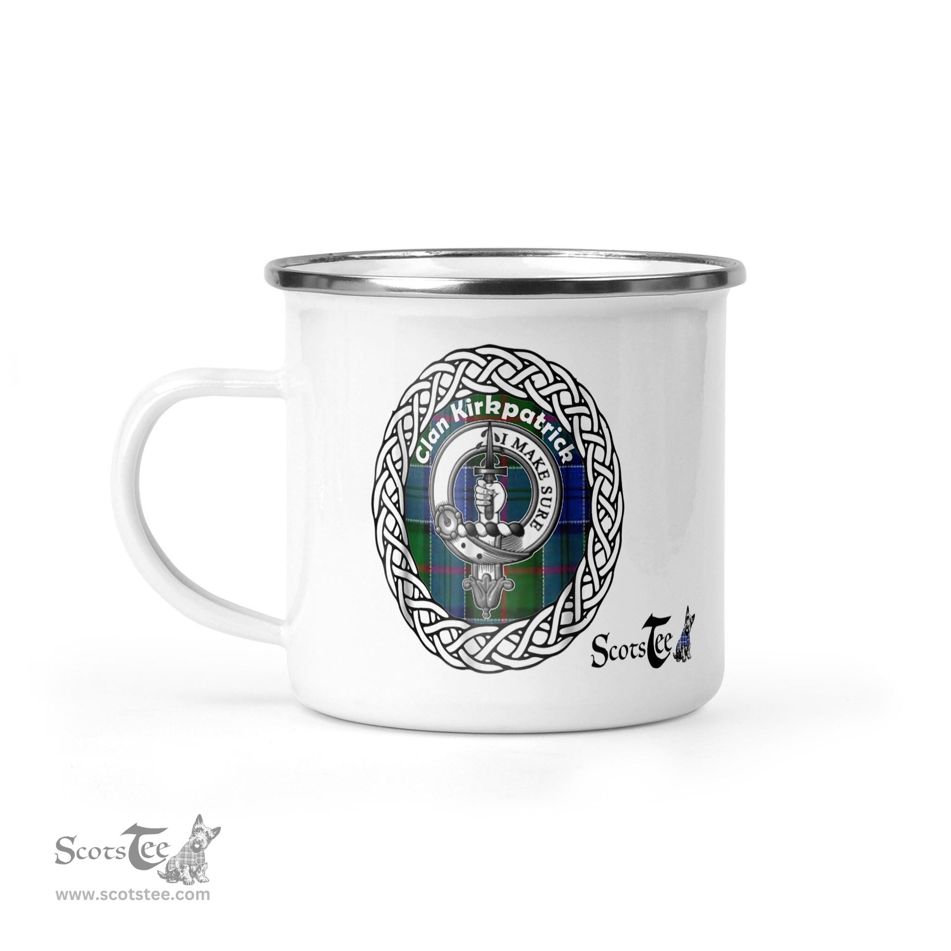 Scotstee Shop Tartan Plaid Camping Mug, Tartan Campfire Mugs, camping coffee mug Kirkpatrick Scottish Clan Tartan Crest Badge Old