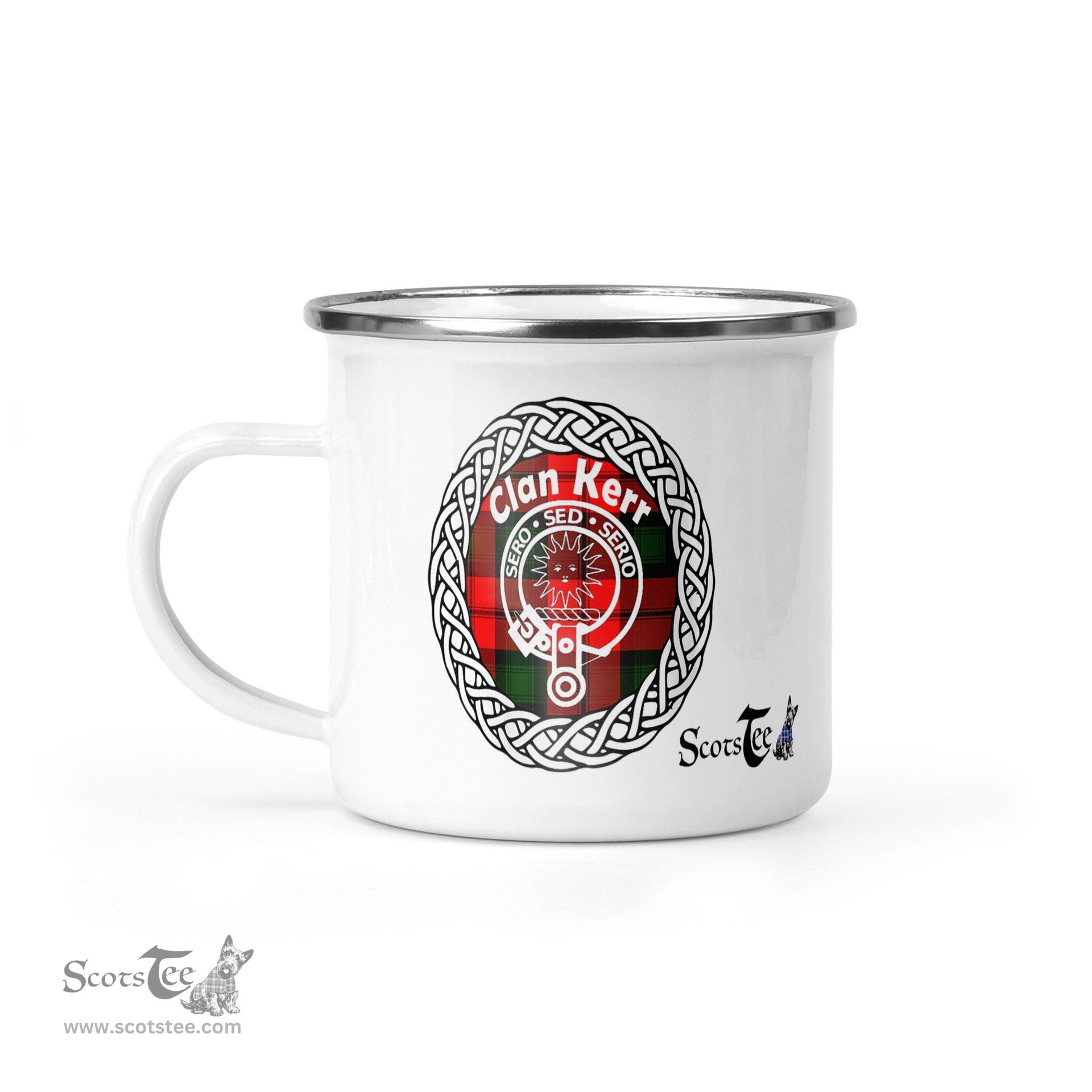 Scotstee Shop Tartan Plaid Camping Mug, Tartan Campfire Mugs, camping coffee mug Kerr Clan Tartan Crest Badge