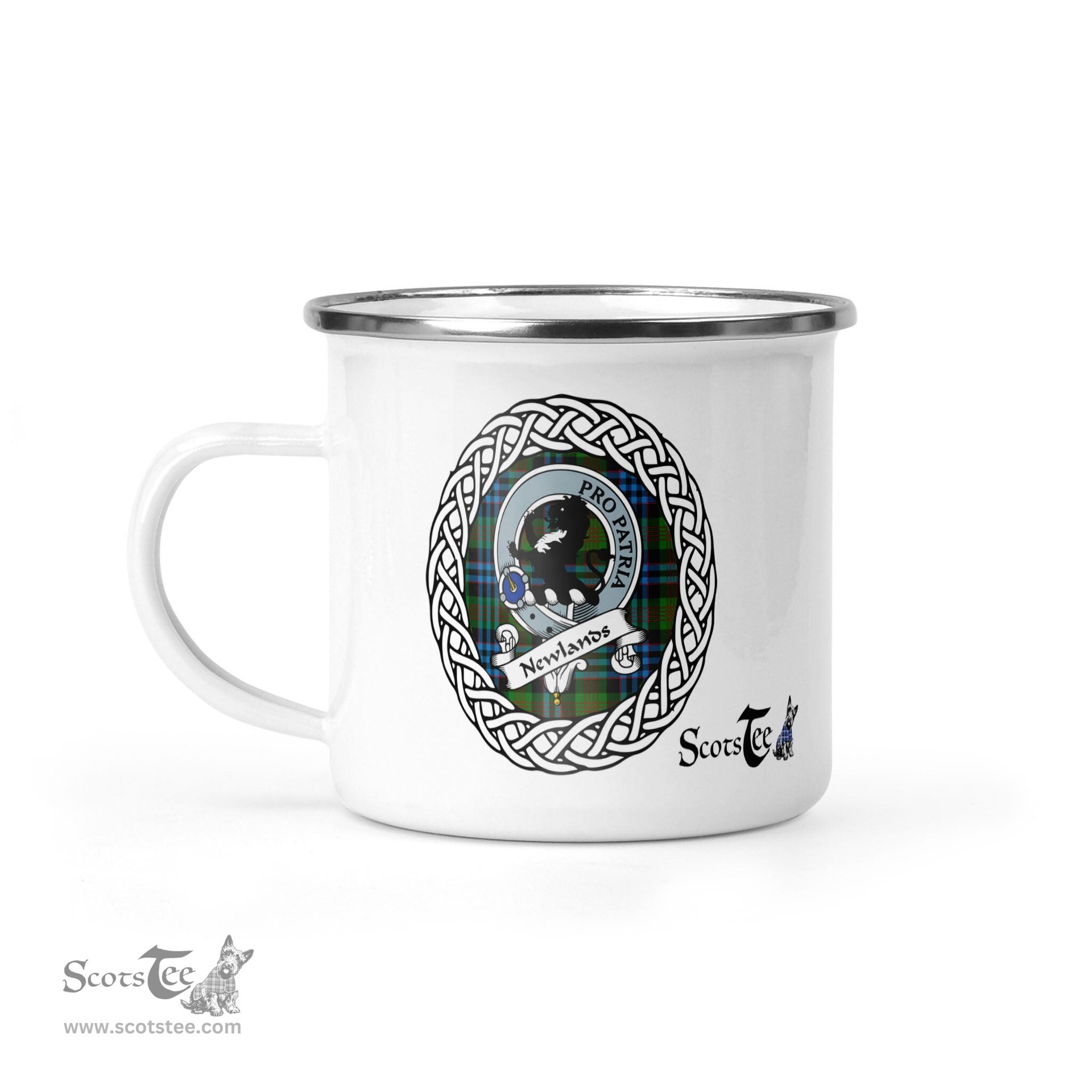 Scotstee Shop Tartan Plaid Camping Mug, Tartan Campfire Mugs, camping coffee mug Newlands Scottish Clan Tartan Crest Badge