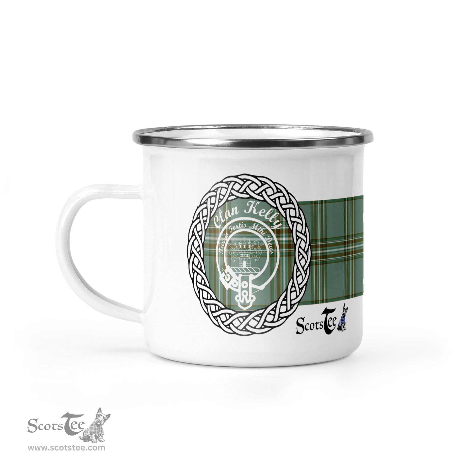 Scotstee Shop Tartan Plaid Camping Mug, Tartan Campfire Mugs, camping coffee mug Kelly Clan Tartan Crest Badge Coffee Mug Custom Scottish Mug