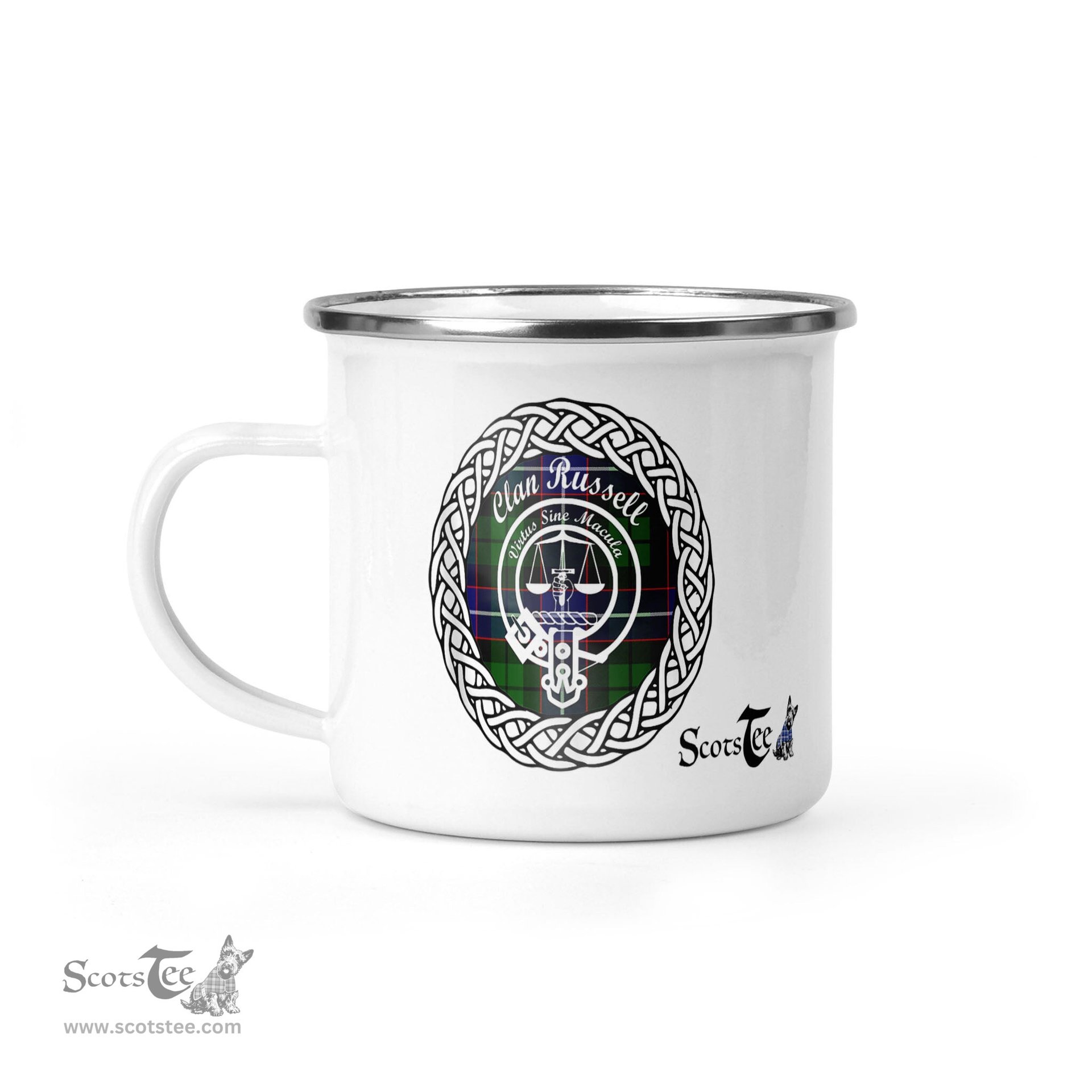 Scotstee Shop Tartan Plaid Camping Mug, Tartan Campfire Mugs, camping coffee mug Russell Clan Tartan Crest Badge