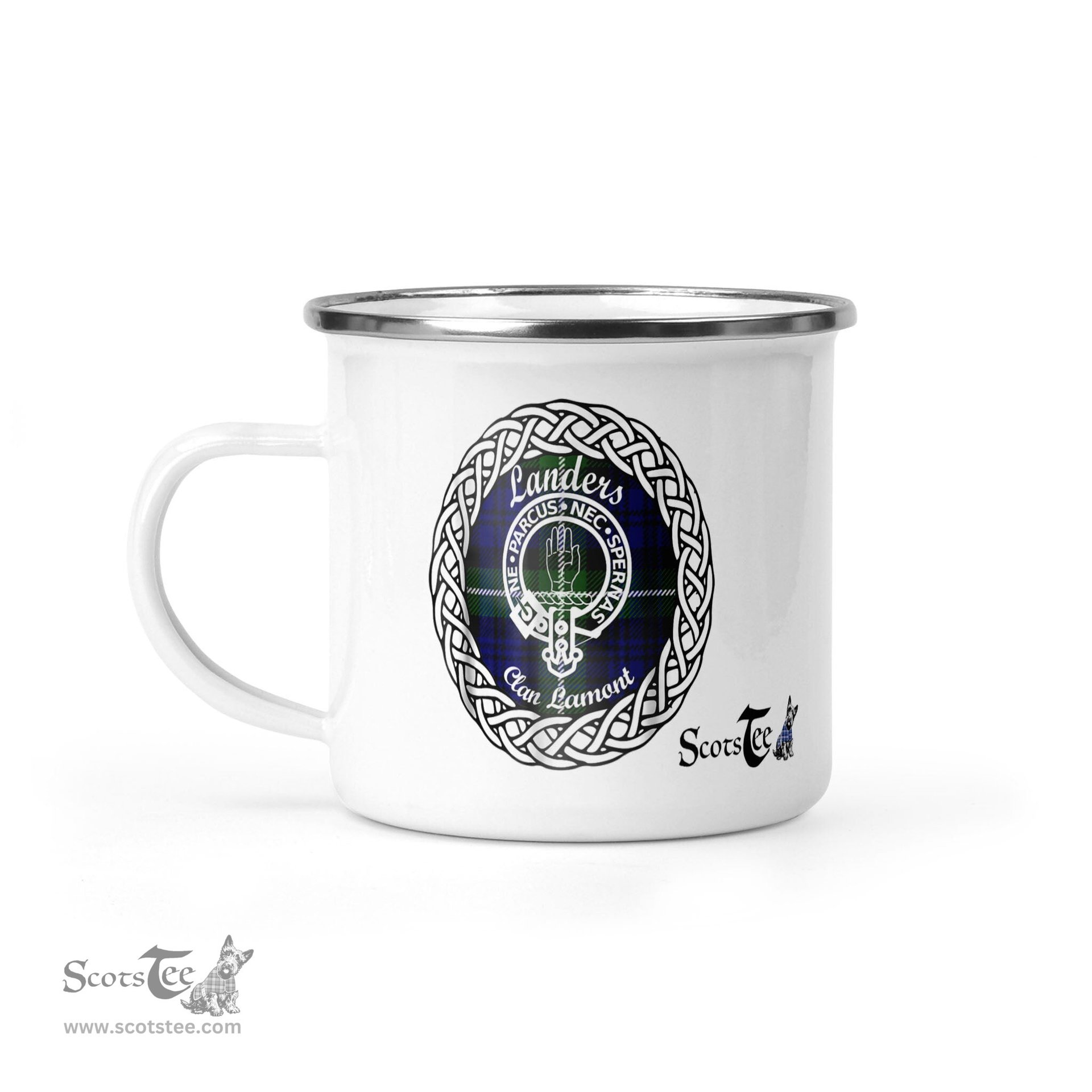Scotstee Shop Tartan Plaid Camping Mug, Tartan Campfire Mugs, camping coffee mug Landers Scottish Clan Tartan Crest Badge