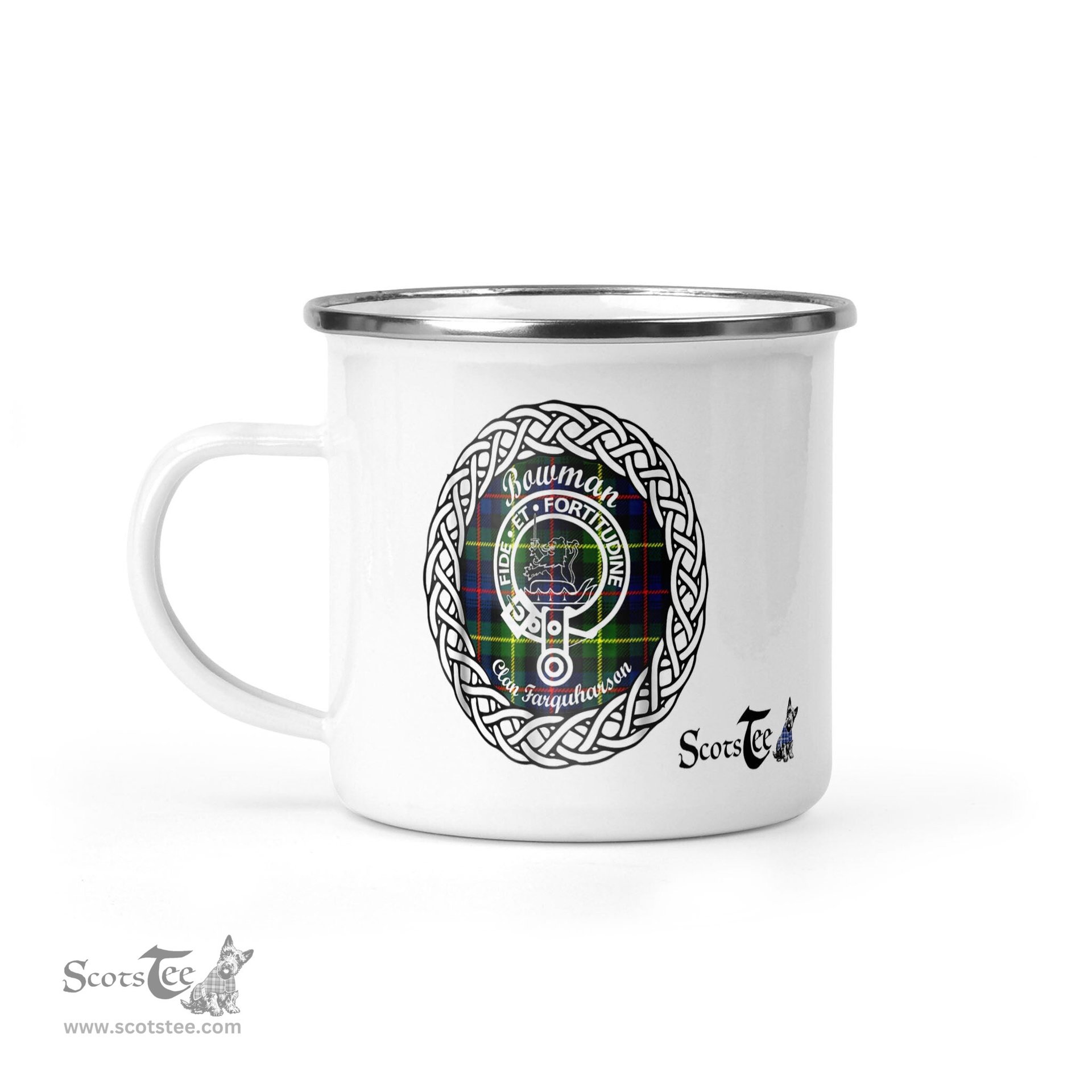 Scotstee Shop Tartan Plaid Camping Mug, Tartan Campfire Mugs, camping coffee mug Bowman Scottish Clan Tartan Crest Badge
