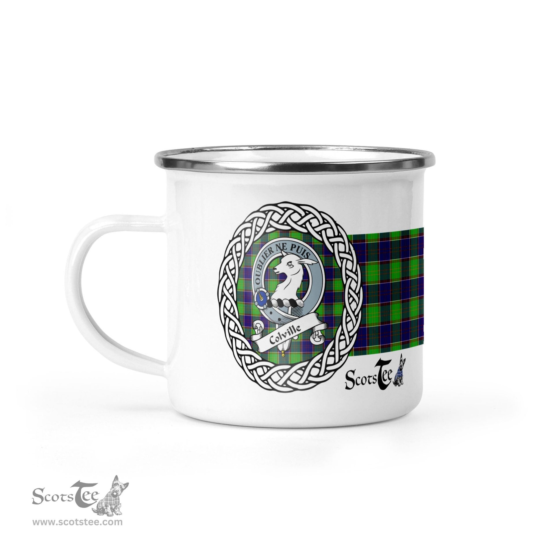 Scotstee Shop Tartan Plaid Camping Mug, Tartan Campfire Mugs, camping coffee mug Colville Scottish Clan Tartan Crest Badge Coffee Mug Custom Scottish Mug