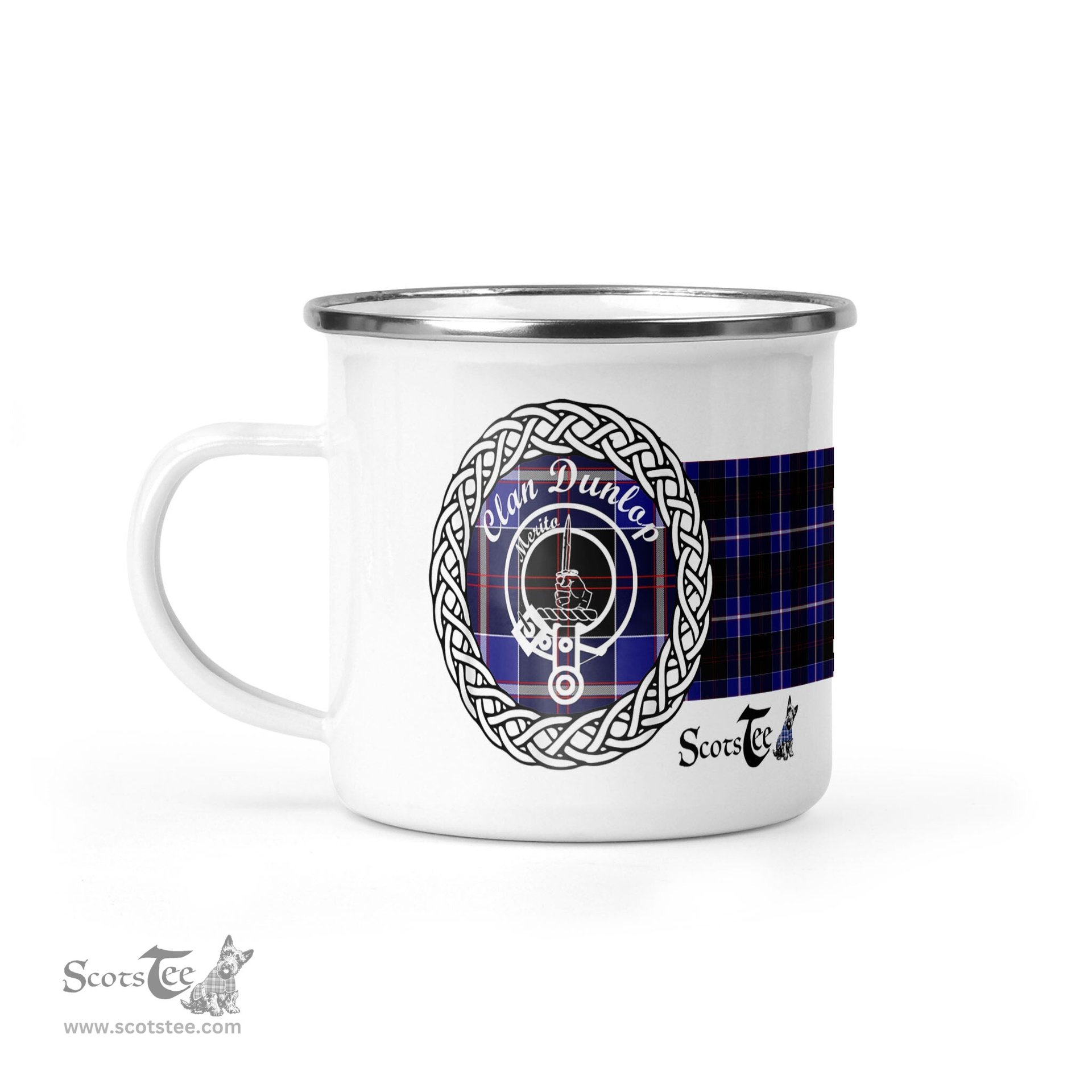 Scotstee Shop Tartan Plaid Camping Mug, Tartan Campfire Mugs, camping coffee mug Dunlop Clan Tartan Crest Badge Coffee Mug Custom Scottish Mug