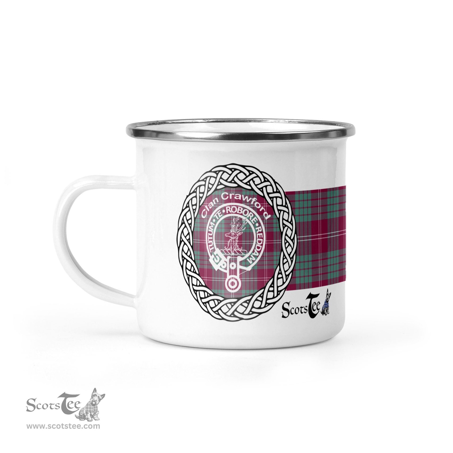 Scotstee Shop Tartan Plaid Camping Mug, Tartan Campfire Mugs, camping coffee mug Crawford Clan Tartan Crest Badge Coffee Mug Custom Scottish Mug