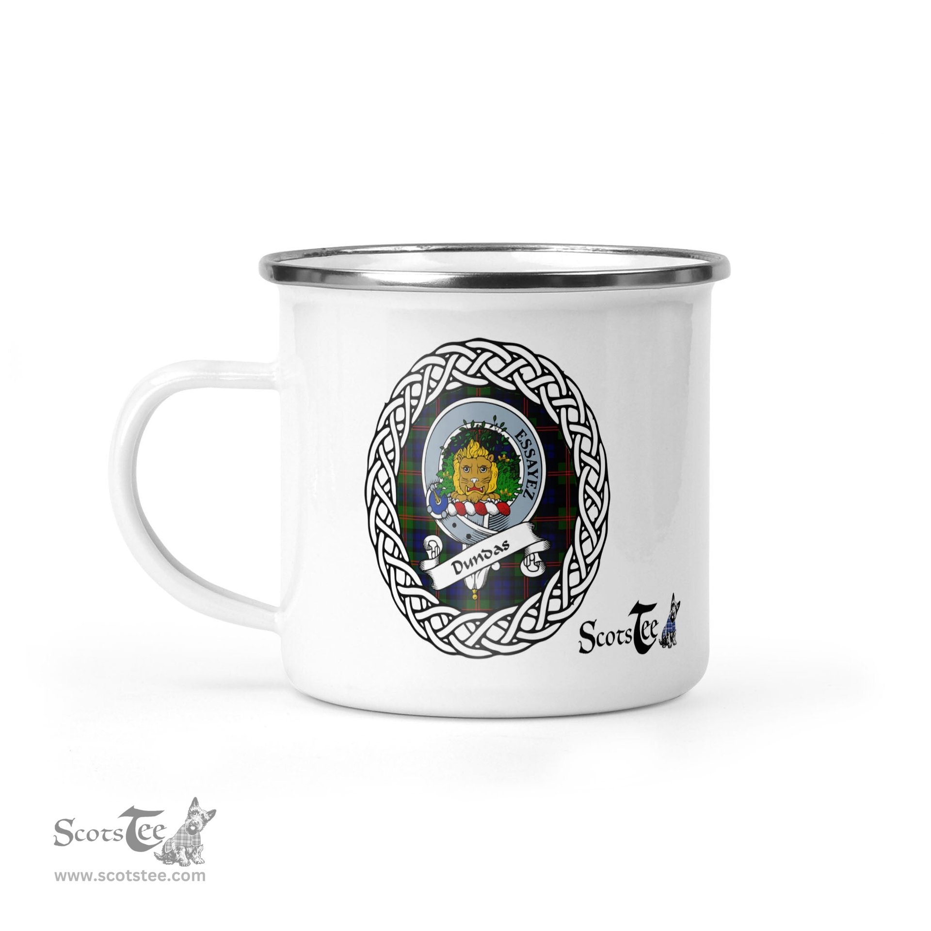 Scotstee Shop Tartan Plaid Camping Mug, Tartan Campfire Mugs, camping coffee mug Dundas Scottish Clan Tartan Crest Badge