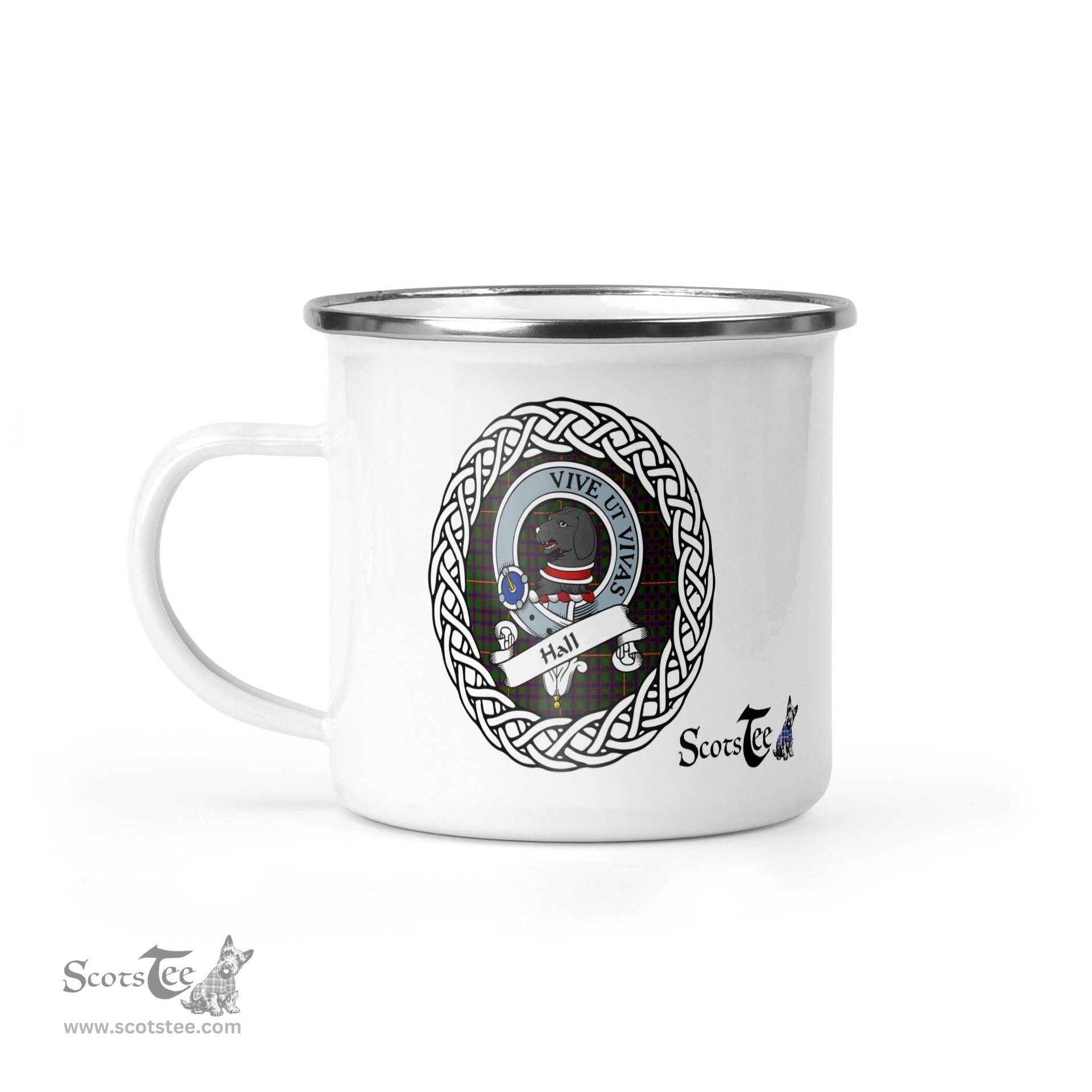 Scotstee Shop Tartan Plaid Camping Mug, Tartan Campfire Mugs, camping coffee mug Hall Scottish Clan Tartan Crest Badge