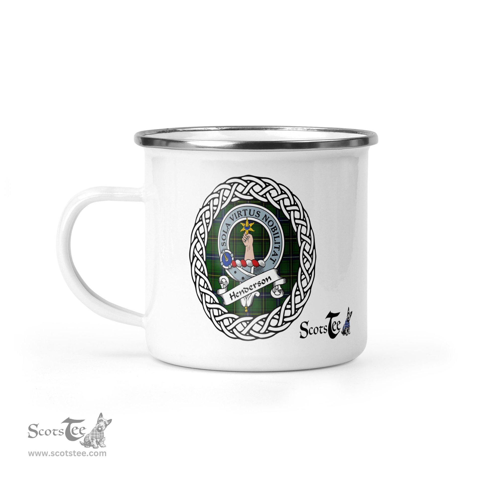 Scotstee Shop Tartan Plaid Camping Mug, Tartan Campfire Mugs, camping coffee mug Henderson Scottish Clan Tartan Crest Badge